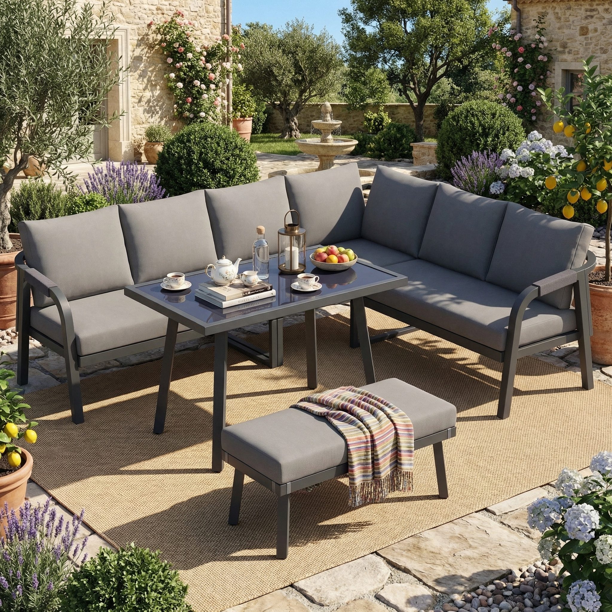 Merax Gartenlounge-Set Garten-Essgruppe für 8 Personen, Geflochtene Arm- und Rückenlehnen, (Sitzgruppe für Garten Terrasse Balkon, 3-tlg), Ecksofa mit Esstisch und Bank, Gartenmöbel mit verzinktem Stahlrahmen