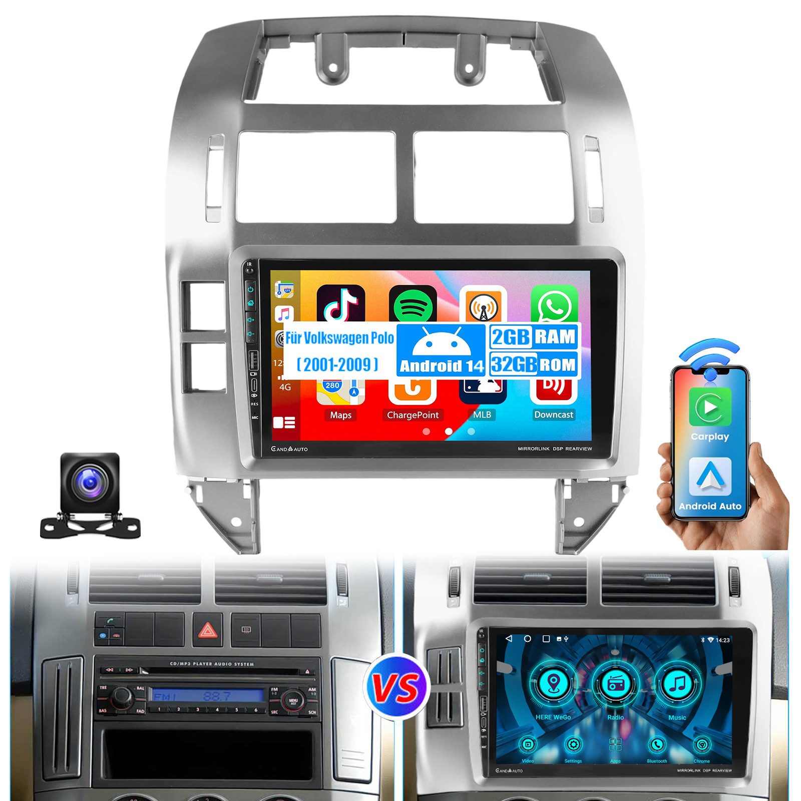 ESSGOO DAB+ 9'' Android14 Autoradio Für Volkswagen Polo 01-09 Carplay Type-C Autoradio (Digitalradio (DAB), 4+64GB(optional), RDS, AM, FM, Carplay Android Auto Bluetooth EQ USB GPS Navi WIFI Touchscreen)