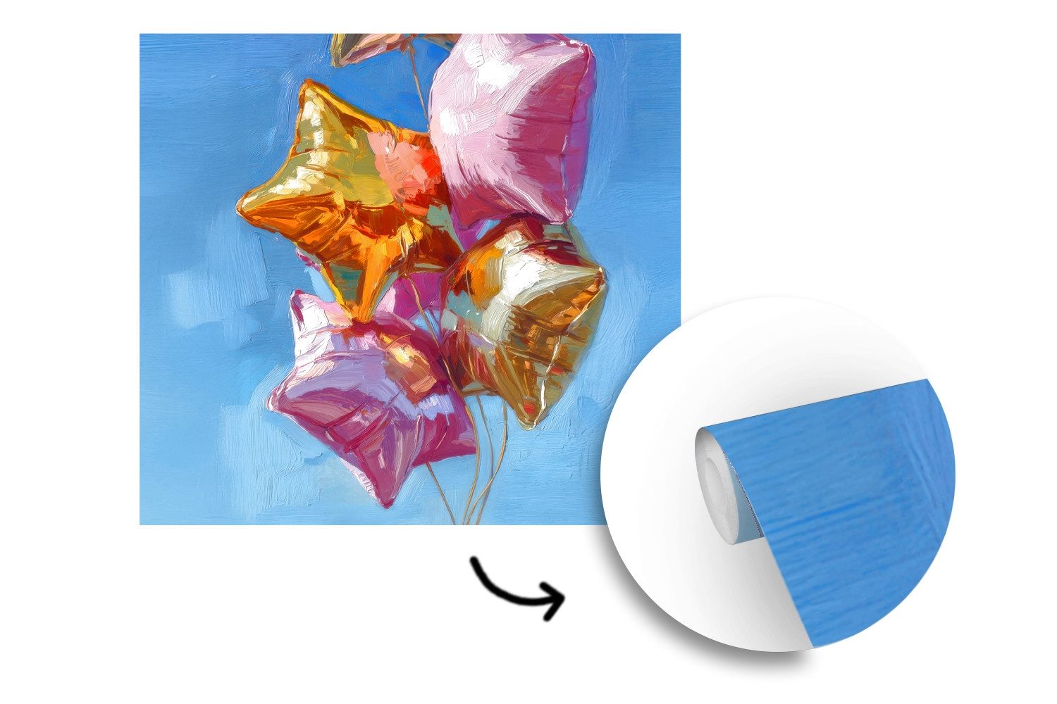 MuchoWow Fototapete Ballons - Gold - Sternförmig - Rosa, Matt, bedruckt, Vliestapete für Wohnzimmer Schlafzimmer Küche, Fototapete, 220x220 cm