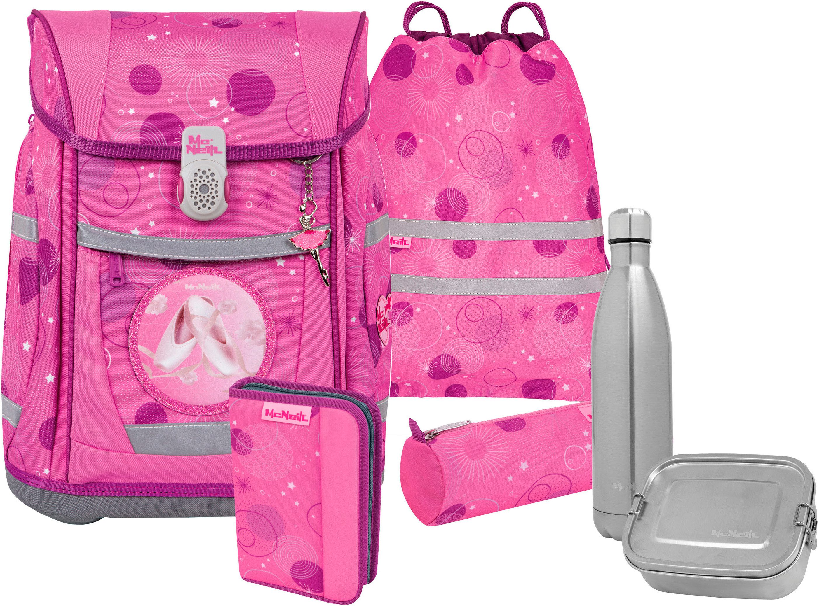 McNeill Schulranzen Tenero, Pinky (Set, 5-tlg), inkl. Federmäppchen, Turnbeutel, Schlamperrolle & Motivmagnet