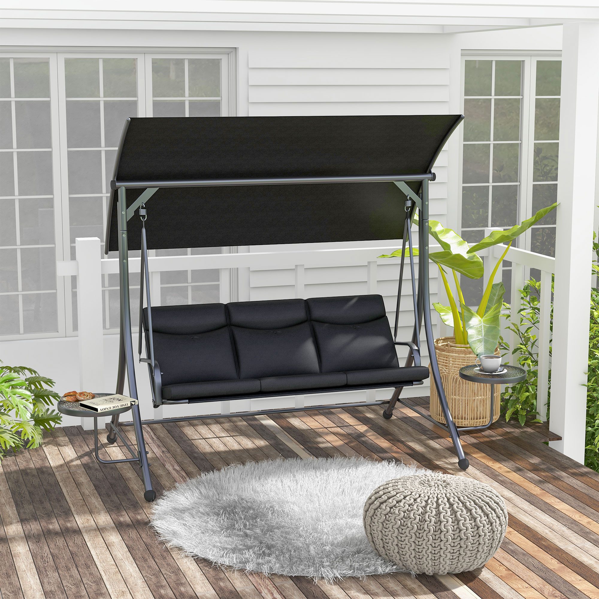 Outsunny Hollywoodschaukel mit Couchtische, mit verstellbarem Sonnendach, 3-Sitzer, mit verstellbarem Sonnendach, 3-Sitzer Gartenschaukel, 1 tlg., Schaukelbank, belast bis 300kg, für Garten, Terrasse, 278 x 135 x 177 cm, Schwarz