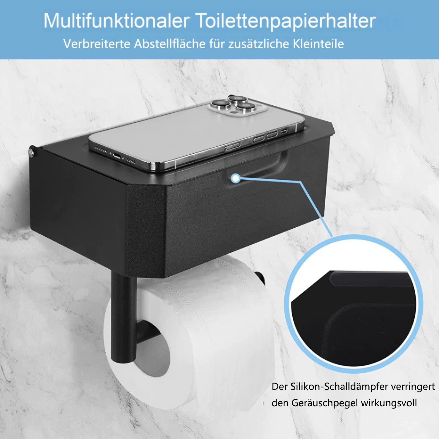 Refined Living Toilettenpapierhalter Klopapierhalter mit Feuchttücherbox, Toilettenpapierhalter ohne Bohren (roll paper rack Aus hochwertigem SUS 304 Edelstahl gefertigt, WC Papier Halterung mit 21 cm Ablage,Storage rack,tissue rack), Wandmontierter WC Rollenhalter aus Edelstahl für Küche und Bad