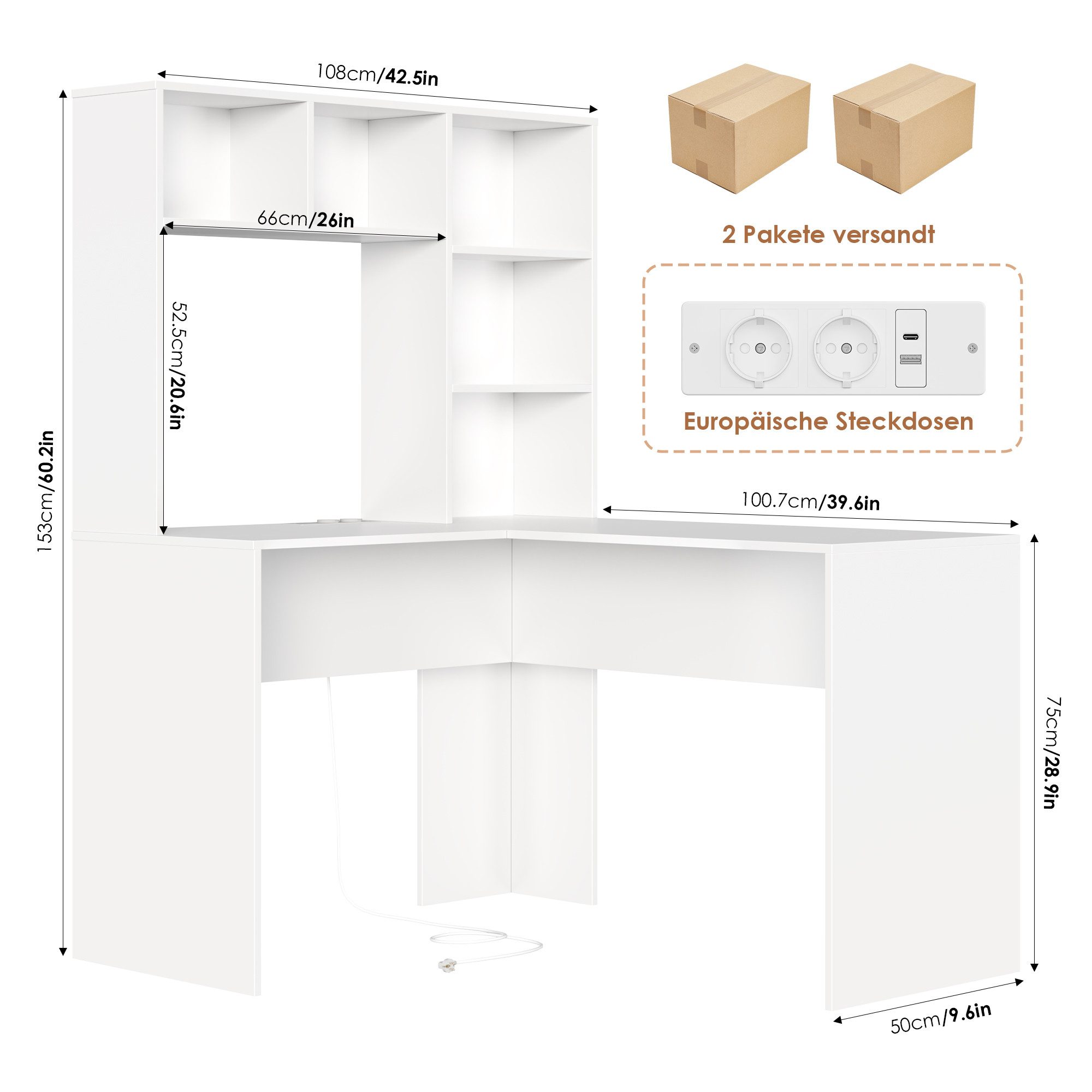 Homfa Schreibtisch mit Steckdose, Eckschreibtisch L-förmig, Computertisch Bürotisch weiß 152cm