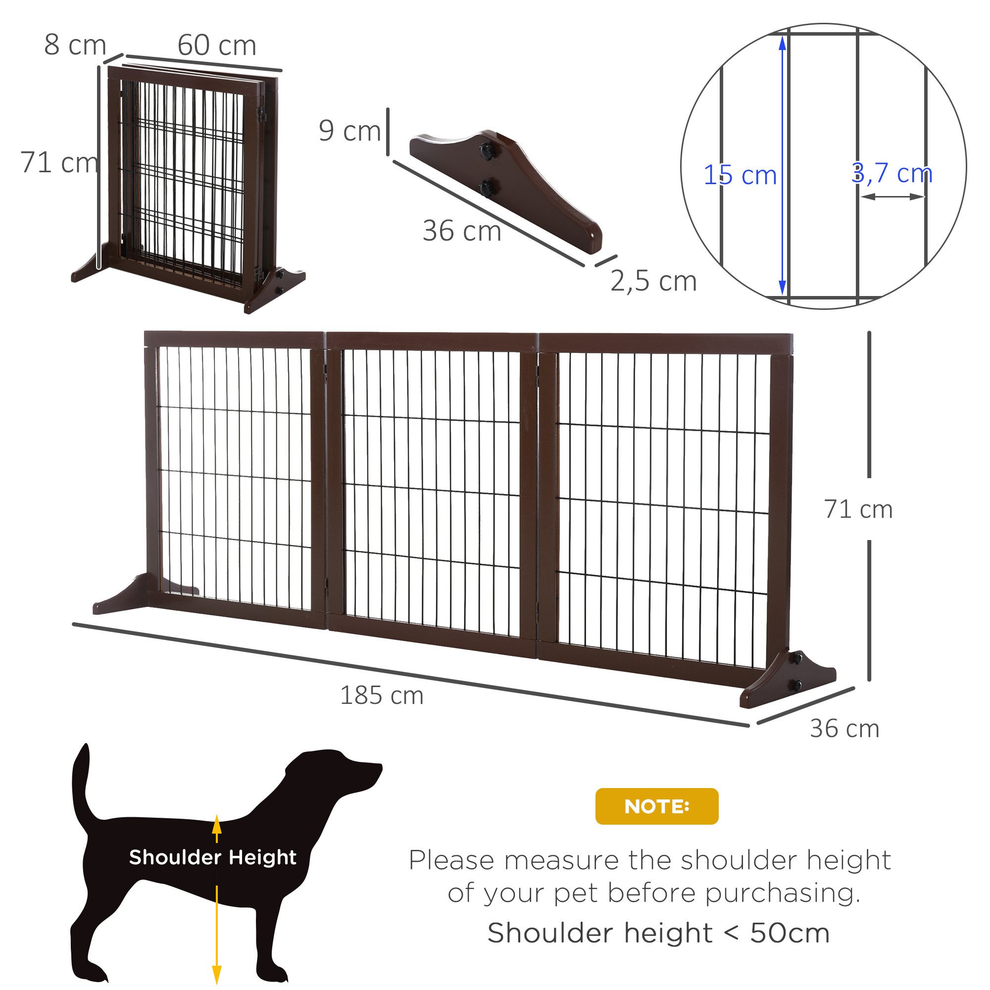 PawHut Hundegitter Absperrgitter Freistehendes Schutzgitter mit Füßen Holz (Hundeabsperrgitter, 1 St., Absperrgitter für Hunde), Braun 185 x 36 x 71 cm – Bild 3 von 5