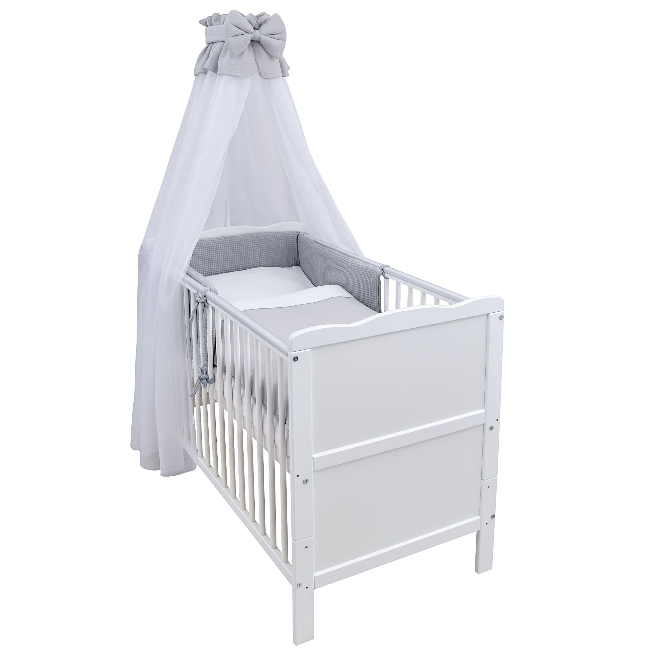 Baby-Delux Komplettbett Babybett Jack Komplettset Beißschienen Musselin, 10-tlg., Kinderbett 70x140 cm weiß, Bettset verschiedene Designs