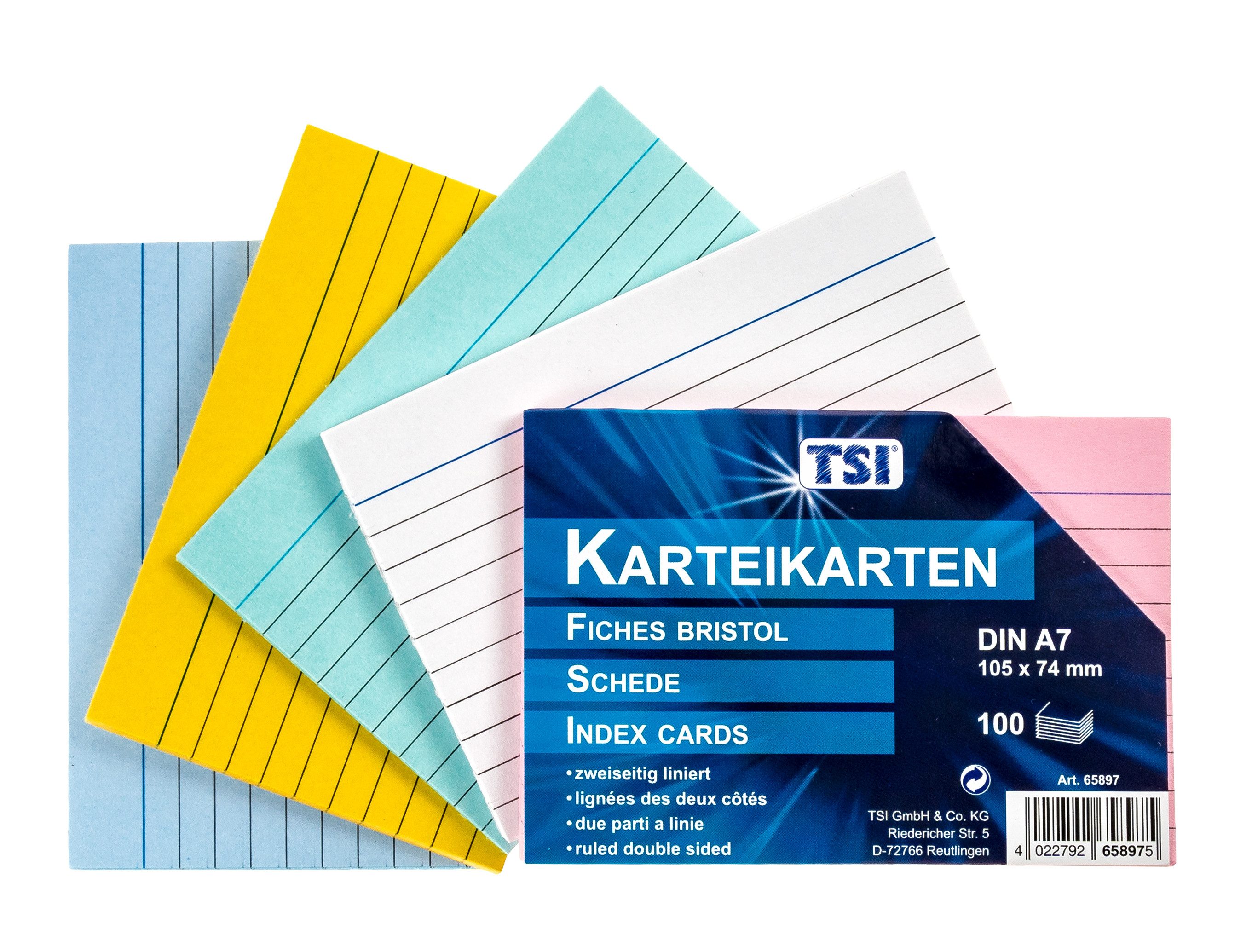 TSI Schreibwaren Karteikarten Karteikarten A7 liniert 100er Pg. farbig sortiert