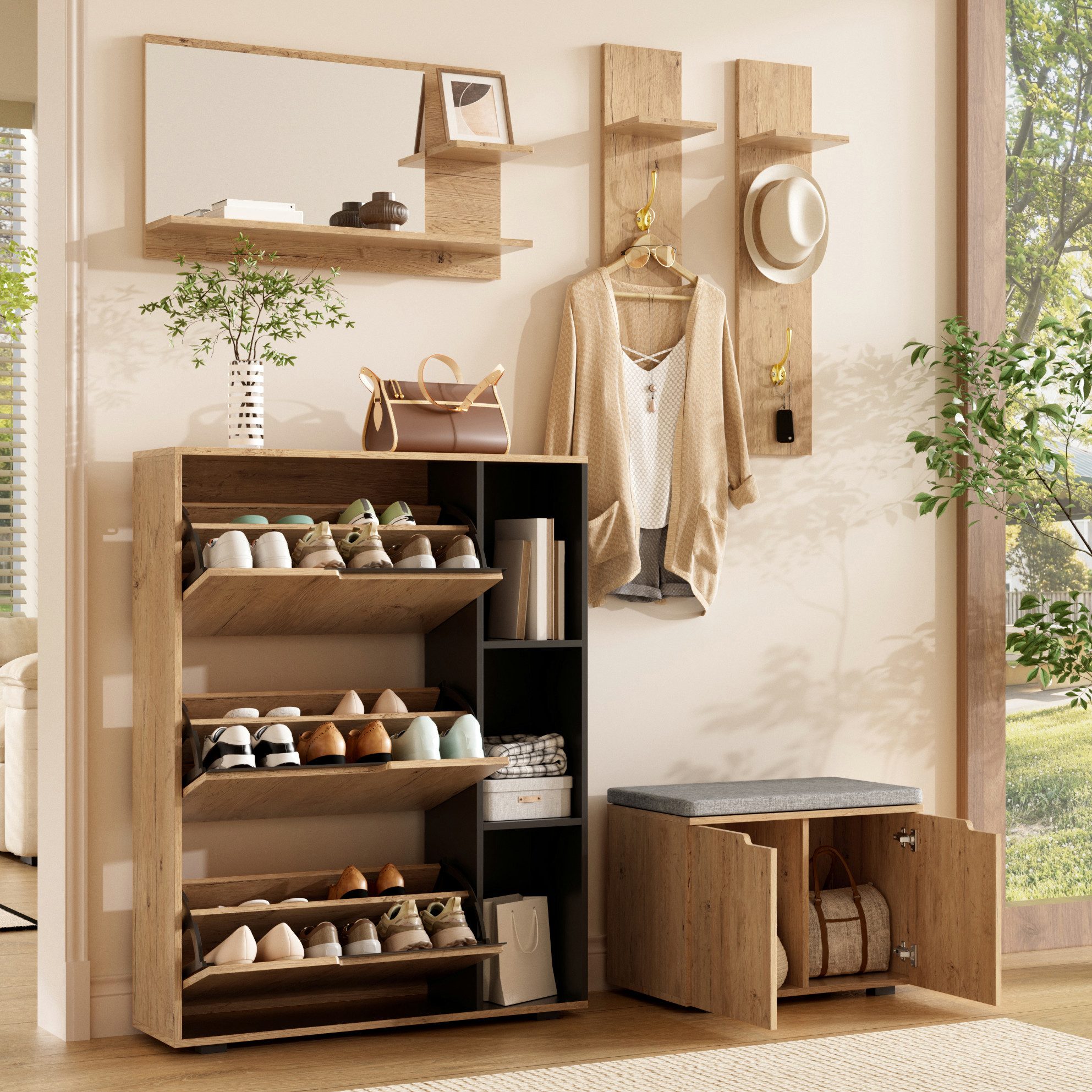 OKWISH Garderoben-Set Flurmöbel mit Spiegel, Schuhschrank und gepolsterter Bank, (1-St., Haken, Ablage, für Diele und Flur), Natur+Schwarz, 150x35x161,5 cm