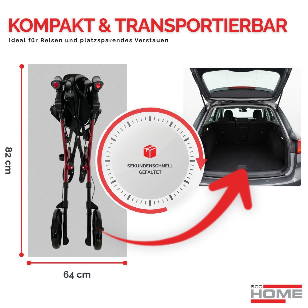abc HOME Rollator Leichtgewicht 7,3kg Alu, Ankipphilfe, klappbar, bis 130 kg