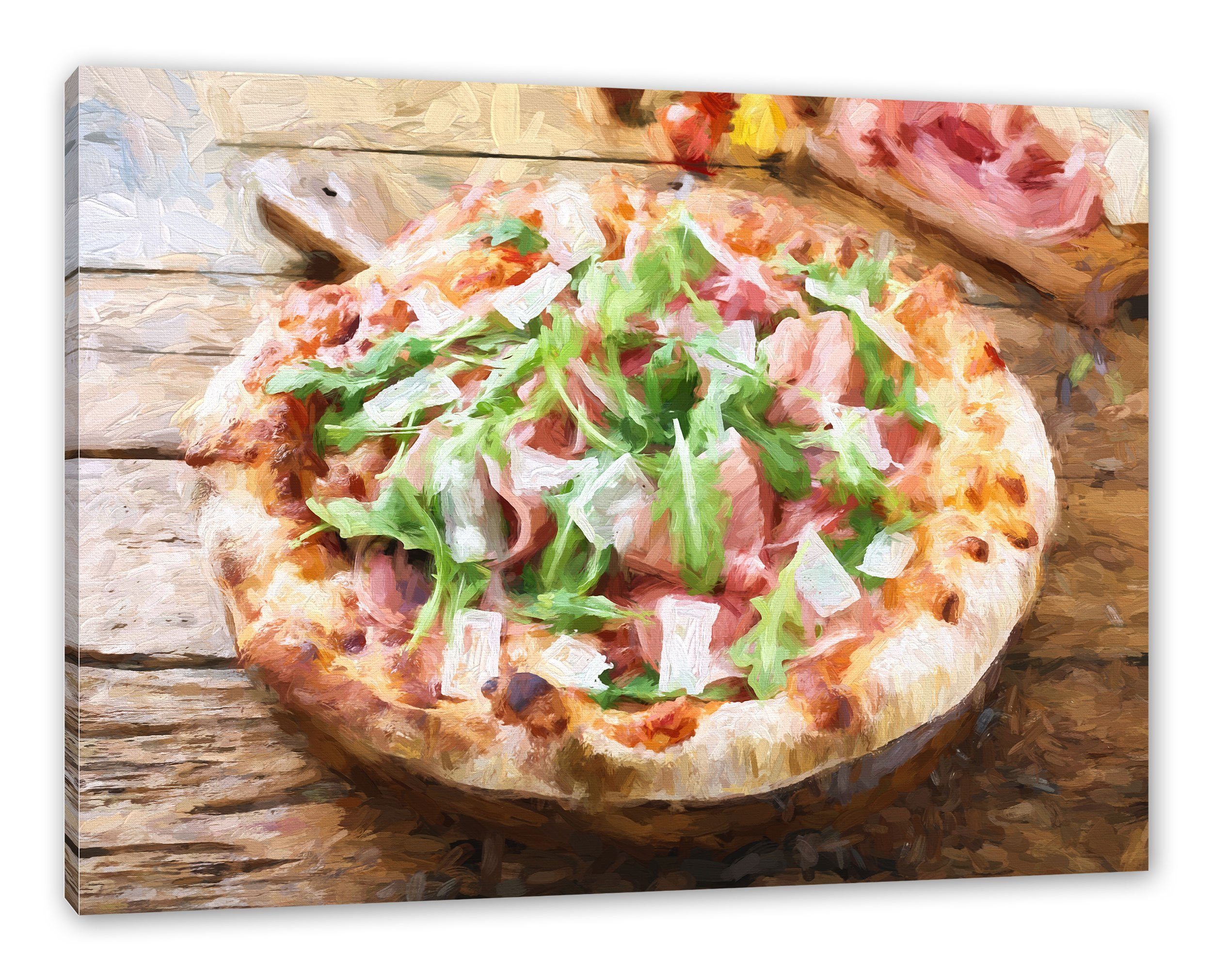 Pixxprint Leinwandbild Prosciutto Pizza auf Holztisch, Prosciutto Pizza auf Holztisch (1 St), Leinwandbild fertig bespannt, inkl. Zackenaufhänger