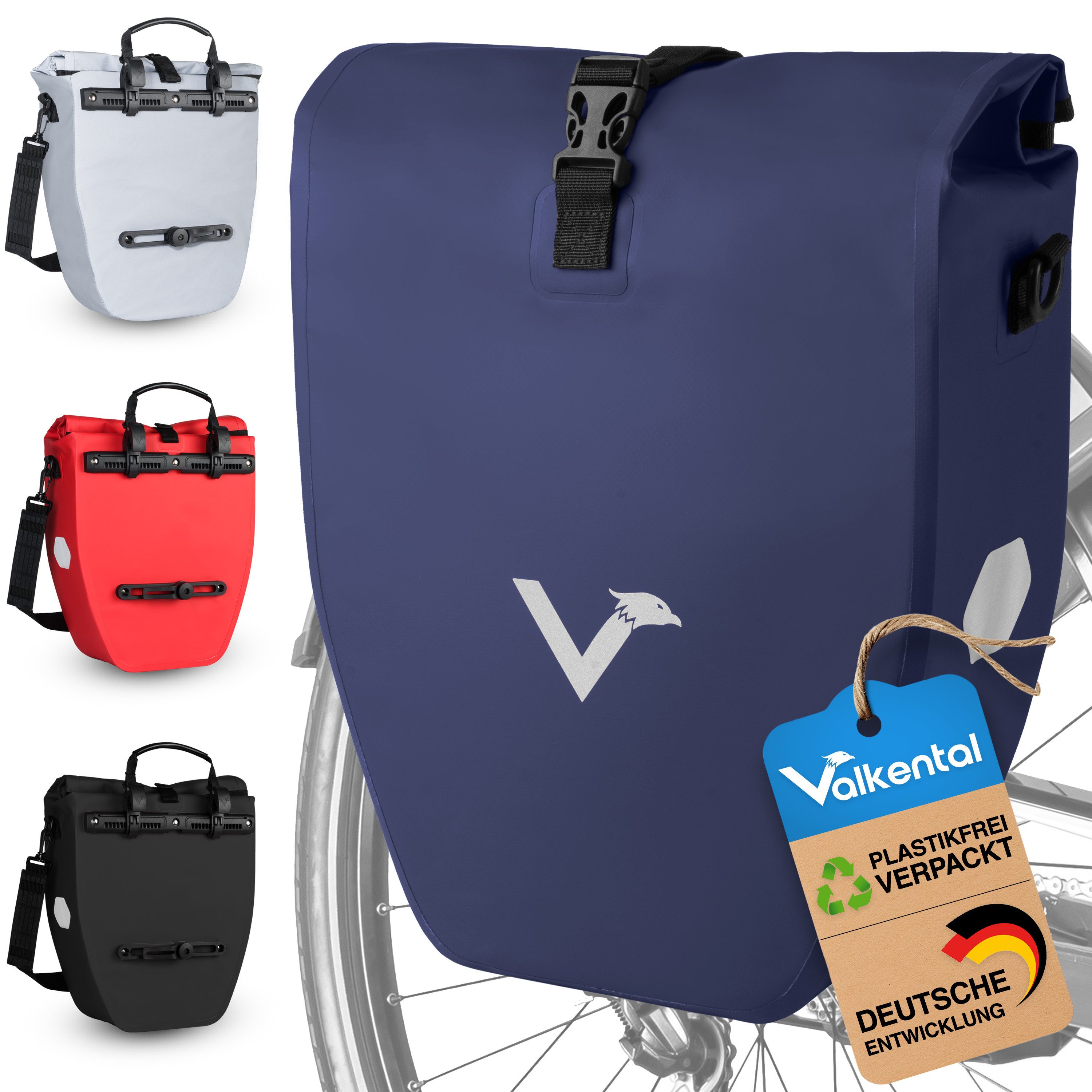 Valkental Fahrradtasche Gepäckträgertasche - Fahrradtasche für Gepäckträger, wasserdicht, große Reflektoren, 20L & 28L