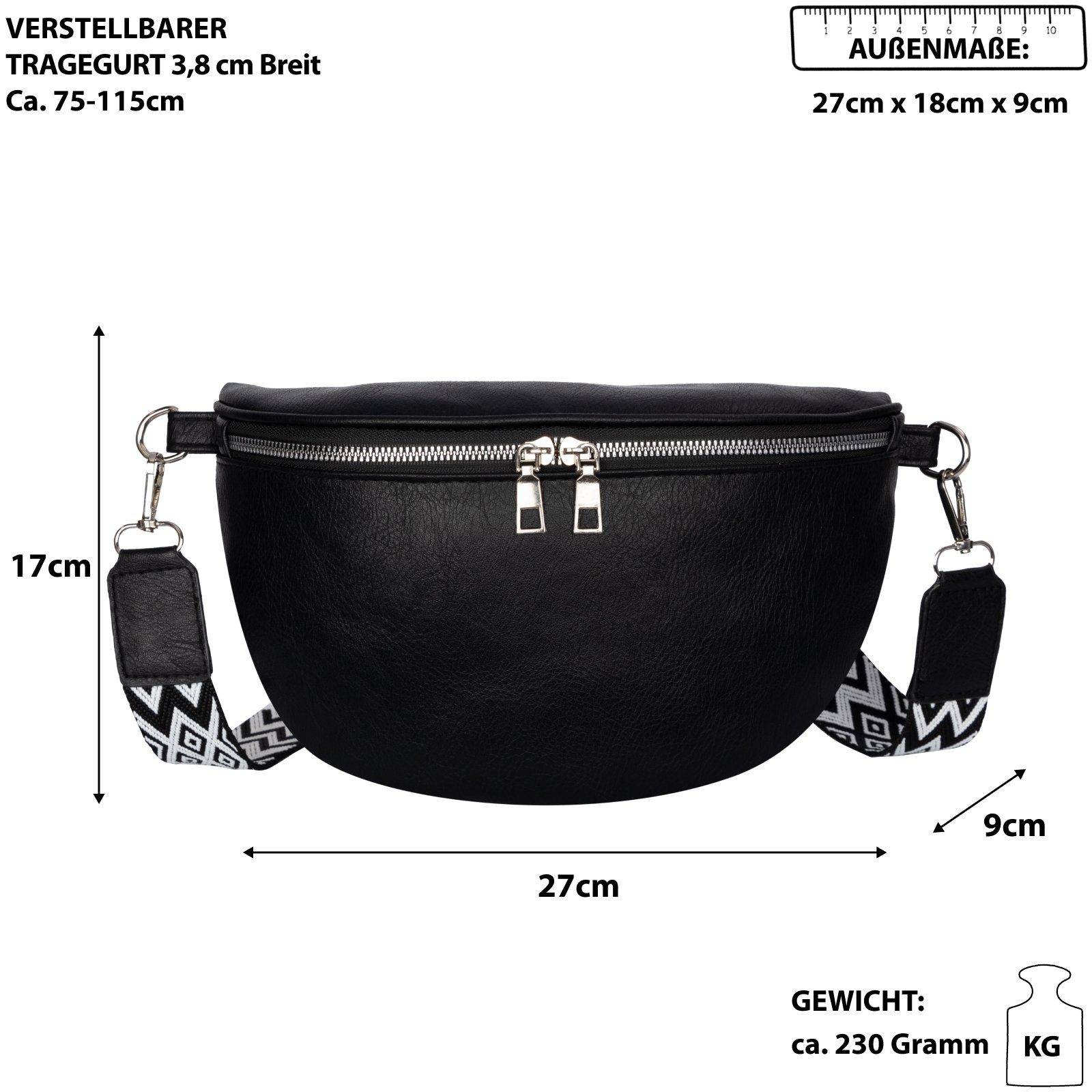 tragbar Umhängetasche BLACK Umhängetasche Crossbody-Bag Kunstleder Schultertasche, Gürteltasche CrossOver, Italy-De, Bauchtasche Hüfttasche als EAAKIE