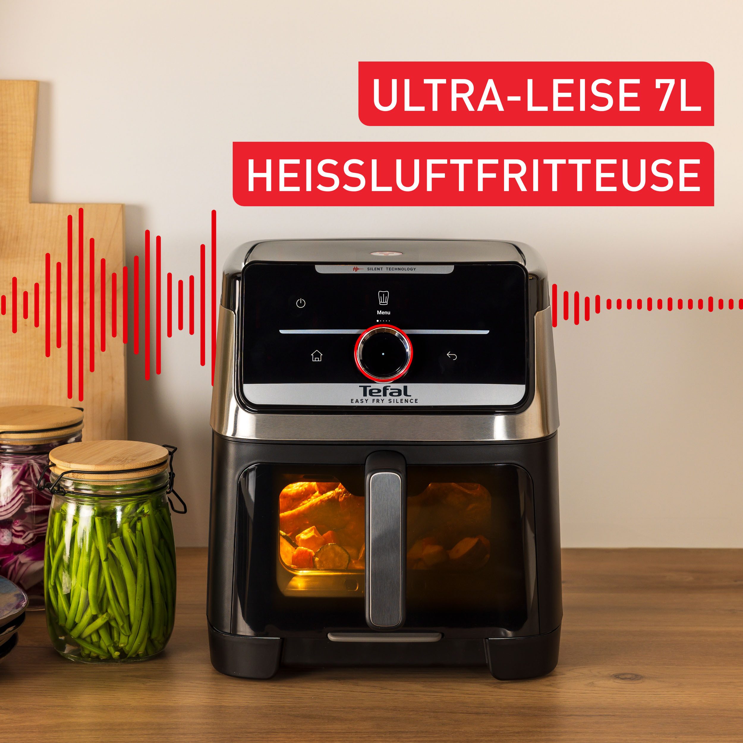 Tefal Heißluftfritteuse Easy Fry Silence, ultra-leise, für bis zu 8 Portionen, Sichtfenster, 1800 W, über 55 voreingestellte Programme, abnehmbares Frontelement, EY876D