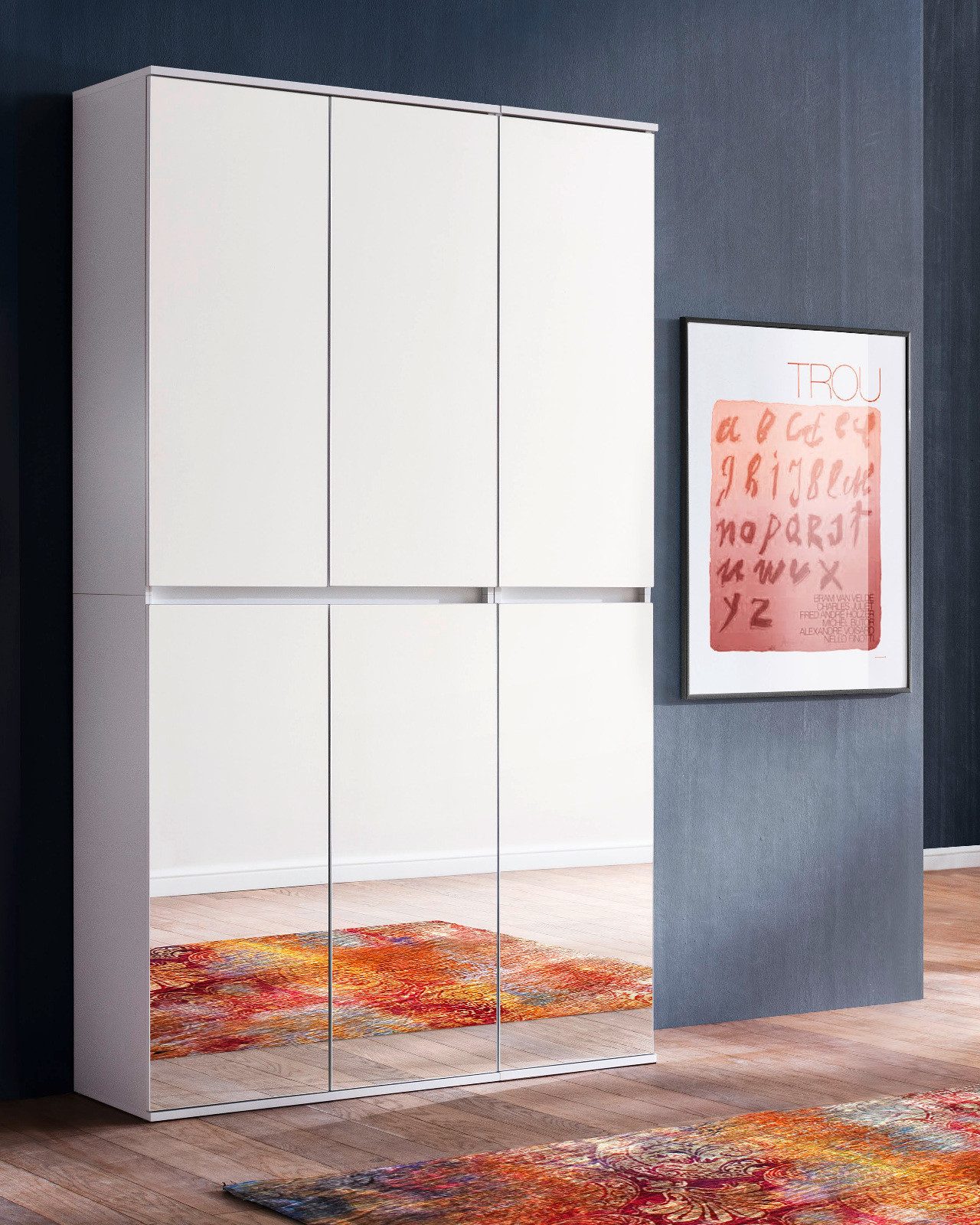 Inn.Furn Garderobenschrank Reflect (Garderobe und Schuhschrank in Weiß mit 6 Spiegeltüren, 111 x 191 cm) Kleiderstange und bis zu 18 Fächer