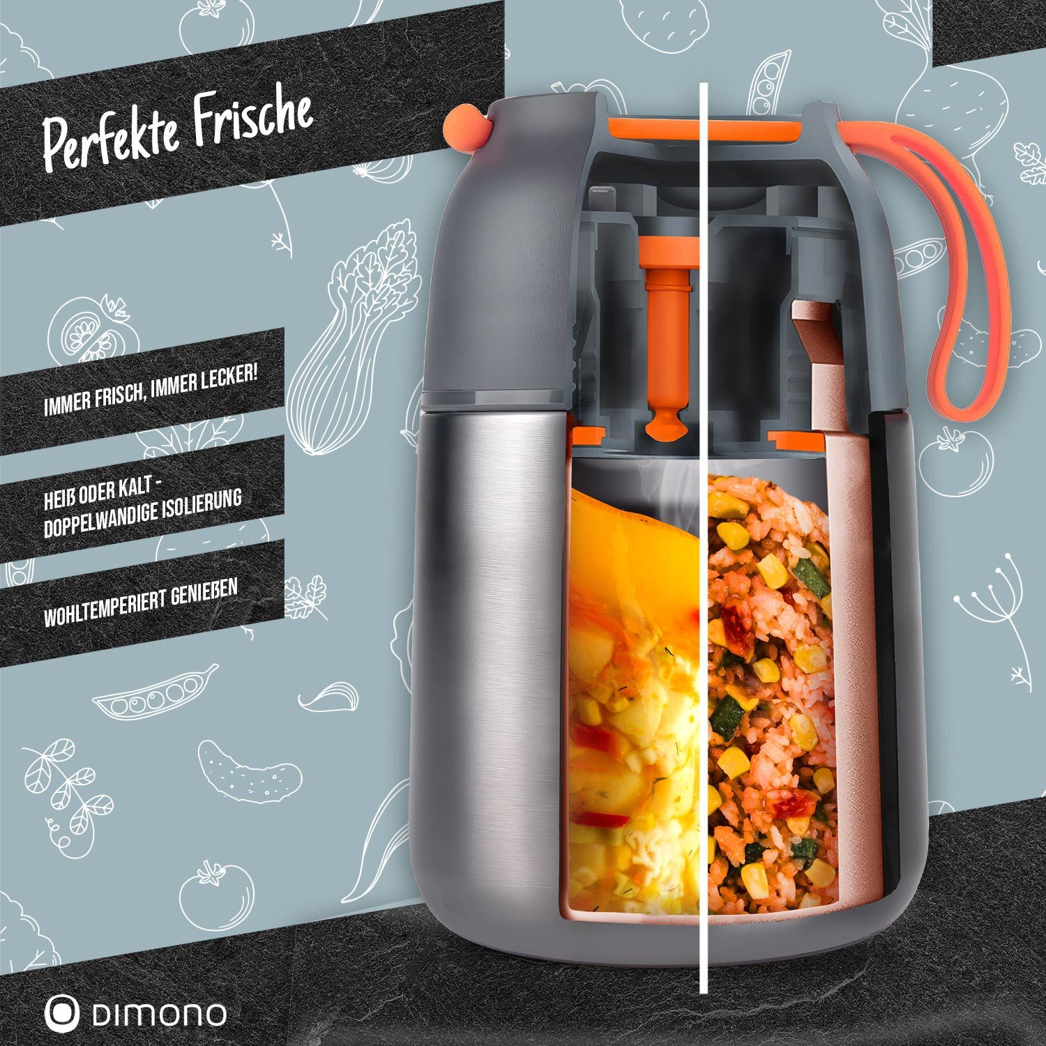 Dimono Thermobehälter Edelstahl Thermobehälter – Warmhaltebehälter mit Löffel & Silikonband, Edelstahl, (to-Go Lebensmittelbehälter, Essensbehälter für unterwegs)