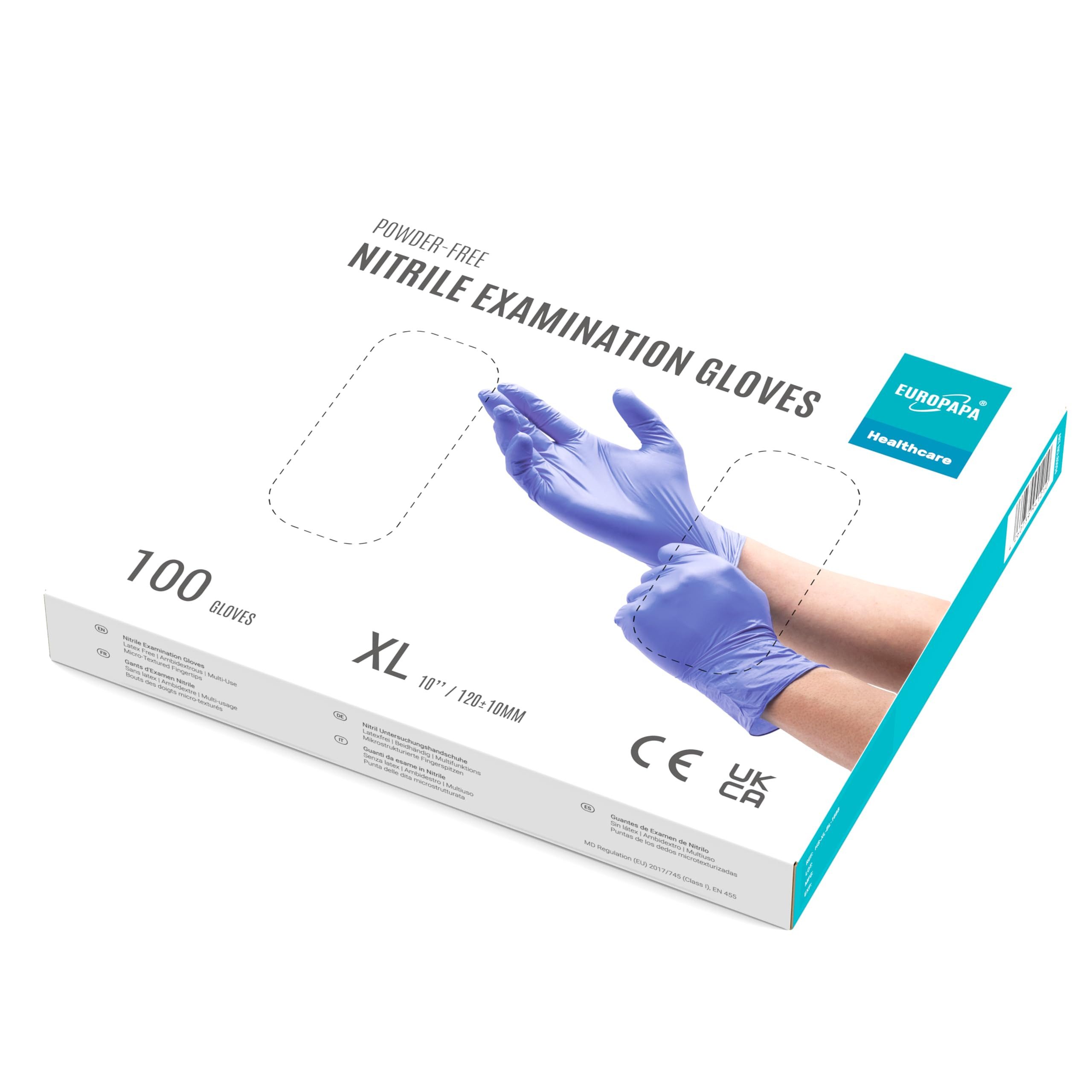 EUROPAPA Nitril-Handschuhe Medical Einmalhandschuhe Untersuchungshandschuhe (100 Stück, puderfrei ohne Latex, Gummihandschuhe) unsteril latexfrei disposible gloves