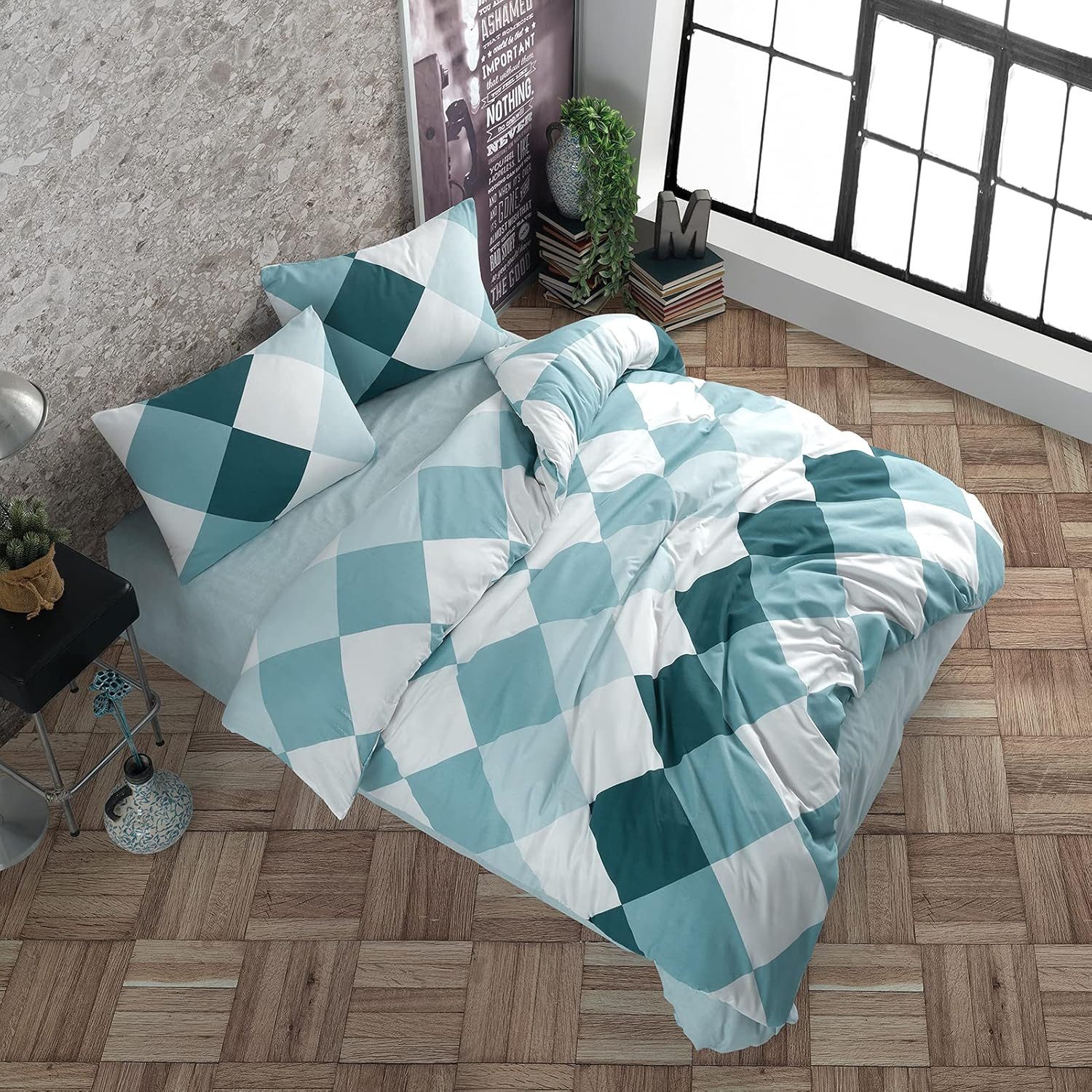 Buymax Bettwäsche Anaga, Bettgarnitur, Bettbezug Set, Renforce: 100% Baumwolle, 2 teilig, mit Reißverschluss, modern gemustert, Karo, Blau, Petrol, 135x200 cm