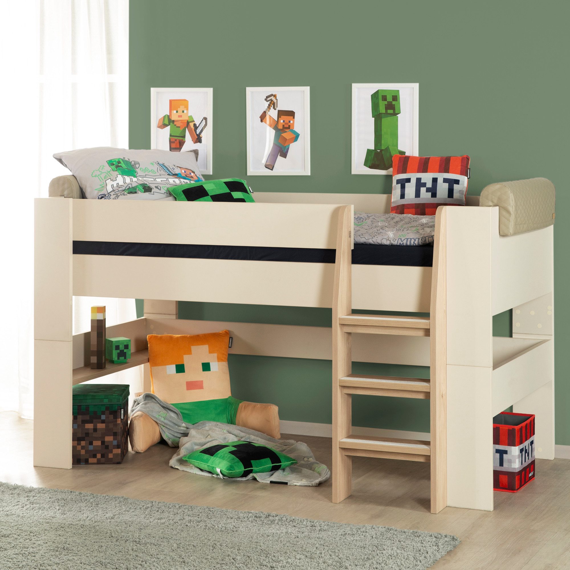 roba® Hochbett Flexi Grow "Loft" - Halbhochbett aus Holz (Kinder- & Jugendbett mit Leiter) in warmem Cashmere / Beige - modernes Scandi Design - Made in Europe
