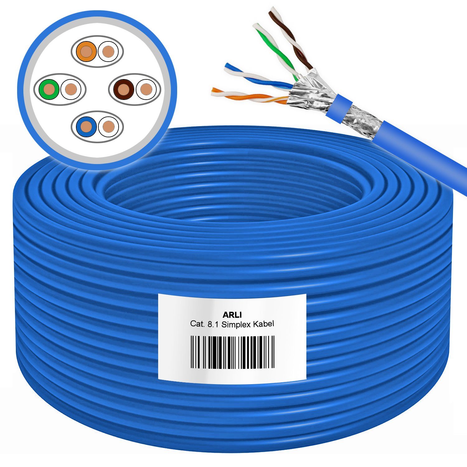 ARLI Cat8 Verlegekabel 50m Cat 8.1 Netzwerkkabel + Werkzeug Set Installationskabel, (5000 cm), Metermarkierung