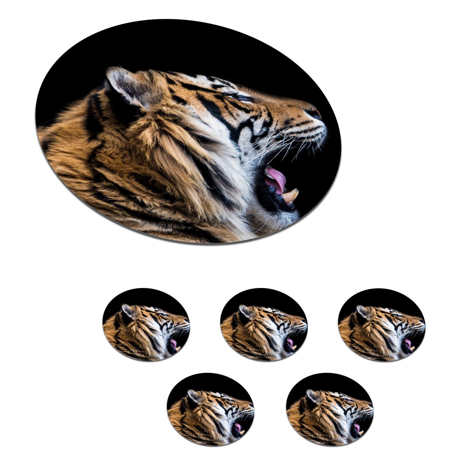 MuchoWow Glasuntersetzer Tiger - Tiere - Porträt, Zubehör für Gläser, 6-tlg., Getränkeuntersetzer, Tassenuntersetzer, Korkuntersetzer, Tasse, Becher