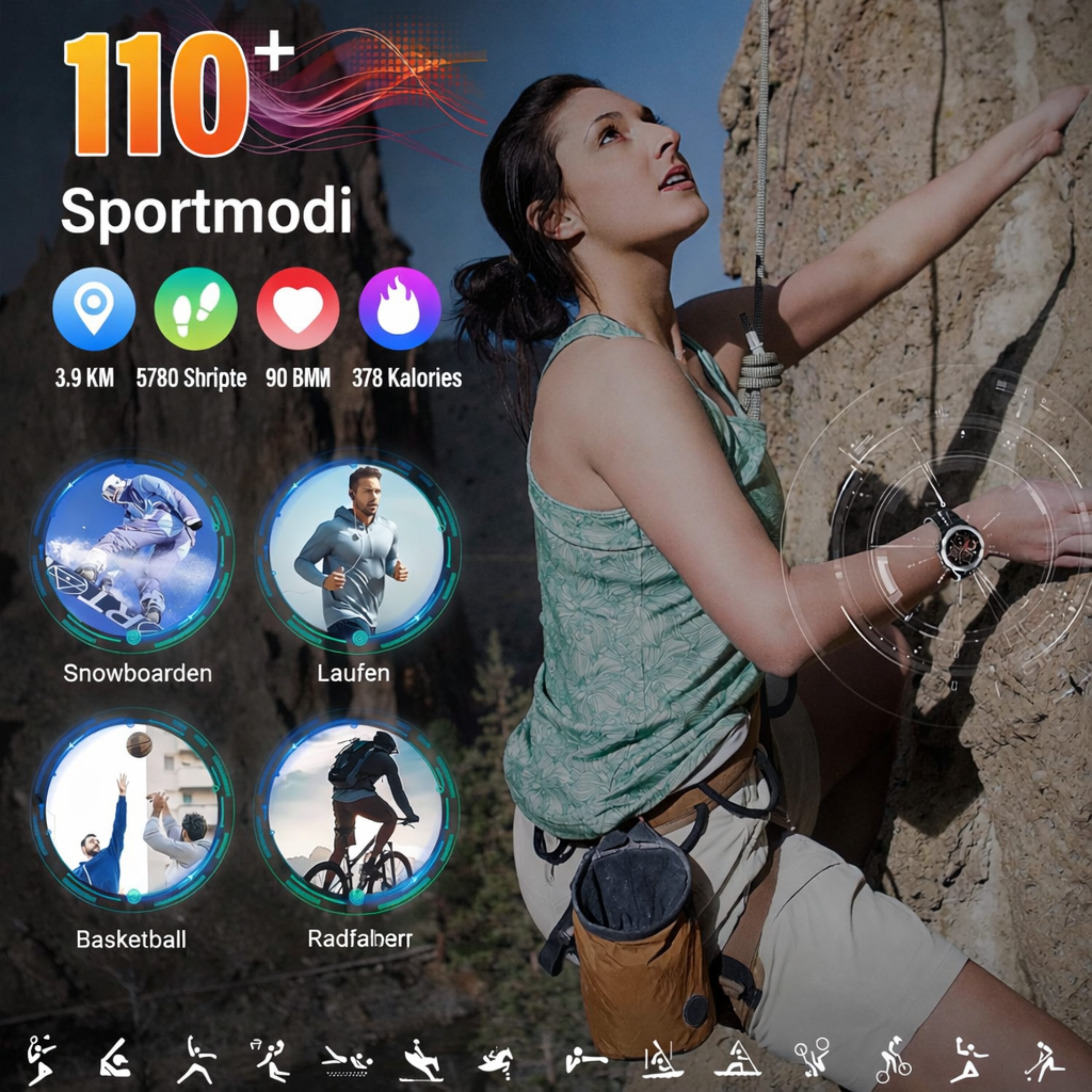 RUHE Smartwatch Telefonfunktion Herren Schrittezähler Touchscreen Silikon Smartwatch (3,53 cm/1.39 Zoll, Android und iOS) Sportuhr, 1-tlg., Herzfrequenzmonitor Schlafmonitor, Fitnessuhr für iOS und Android IP68 Wasserdicht 110+ Sportmodi Schwarz