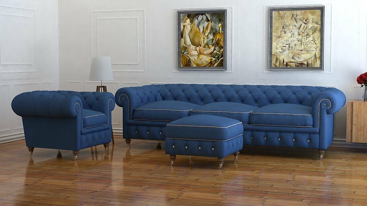 JVmoebel Sofa Blaue Chesterfield Luxus Sofagarnitur 3+1+Hocker modernes Design, Made in Europe