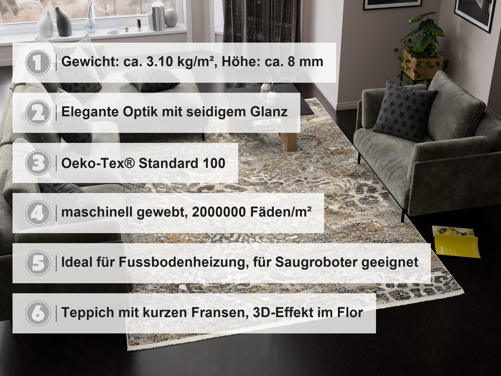 OCI DIE TEPPICHMARKE Teppich BESTSELLER FLUID, rechteckig, Höhe: 8 mm, hochwertige dichte Qualität, feine Fransen, Wohnzimmer