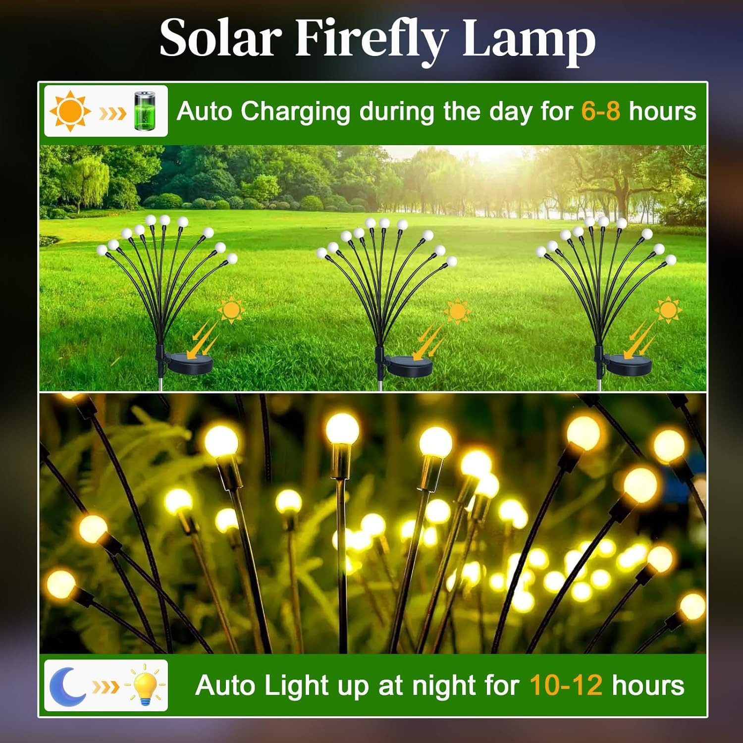 Fyrove LED Solarleuchte 2 Stück LED Solar Gartendeko solarlampen für außen 6 LED Glühwürmchen, 2 Stück LED fest integriert IP65 Wasserdicht solarlampen für auße – Bild 2 von 5
