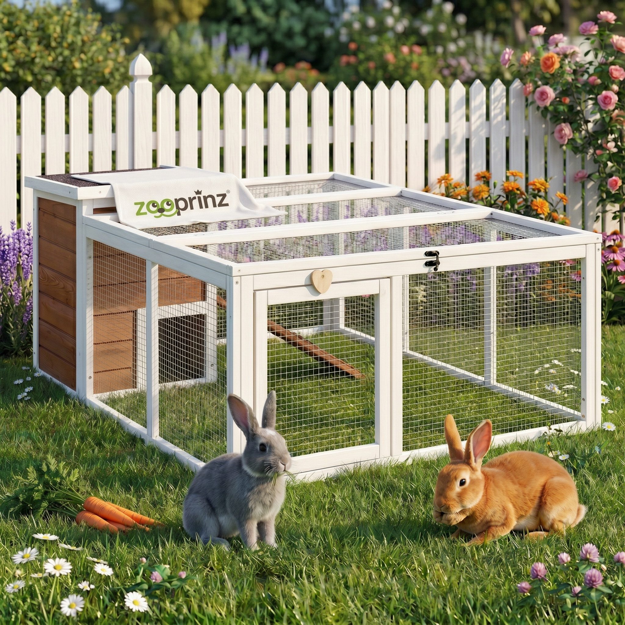 Zooprinz Freigehege Auslaufgehege Hasen Kaninchen Meerschweinchen Comfort mit Haus, XL, Wetterfest, Bitumen Klappdach, Freilauf, Auslauf, Freigehege