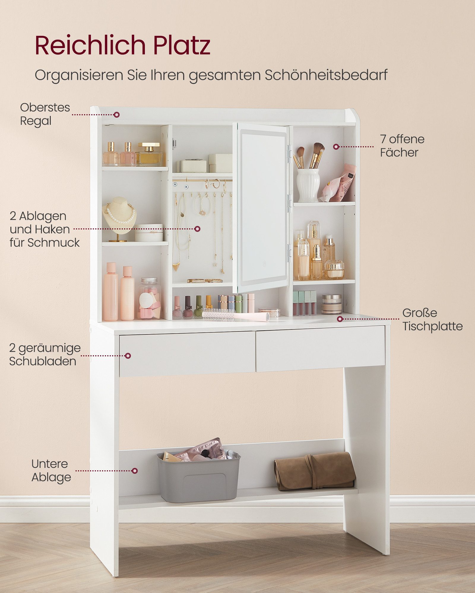 VASAGLE Schminktisch Kosmetiktisch mit LED-Beleuchtung, 3 Lichtfarben, mit verstellbaren Ablagen, 2 Schubladen, 40 x 90 x 145 cm