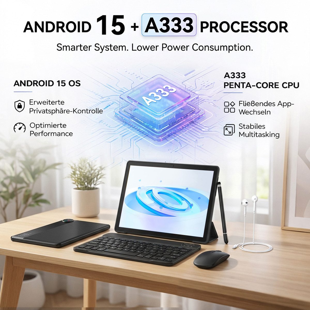 BUFO 10,1'', 64GB, mit Tastatur Stift Maus Hülle, Android 15/16, WiFi 6 Tablet (10", 64 GB, Android 15, WiFI 6, HD IPS, 20(3+17)GB RAM, mit Tastatur/Stift/Maus/Hülle/Kopfhörer)