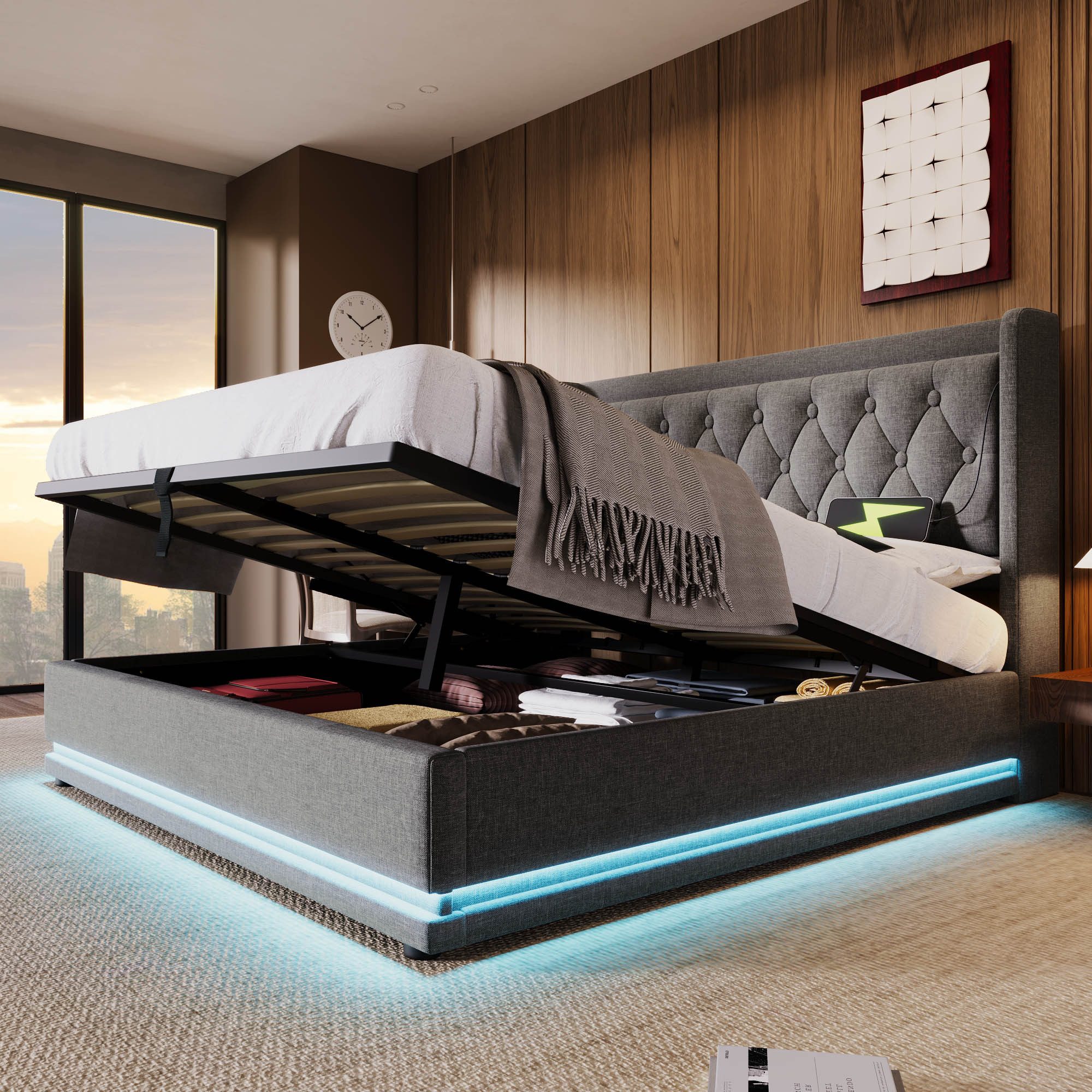 FLIEKS Polsterbett LED Hydraulisches Stauraumbett Doppelbett 180x200cm mit Ladefunktion
