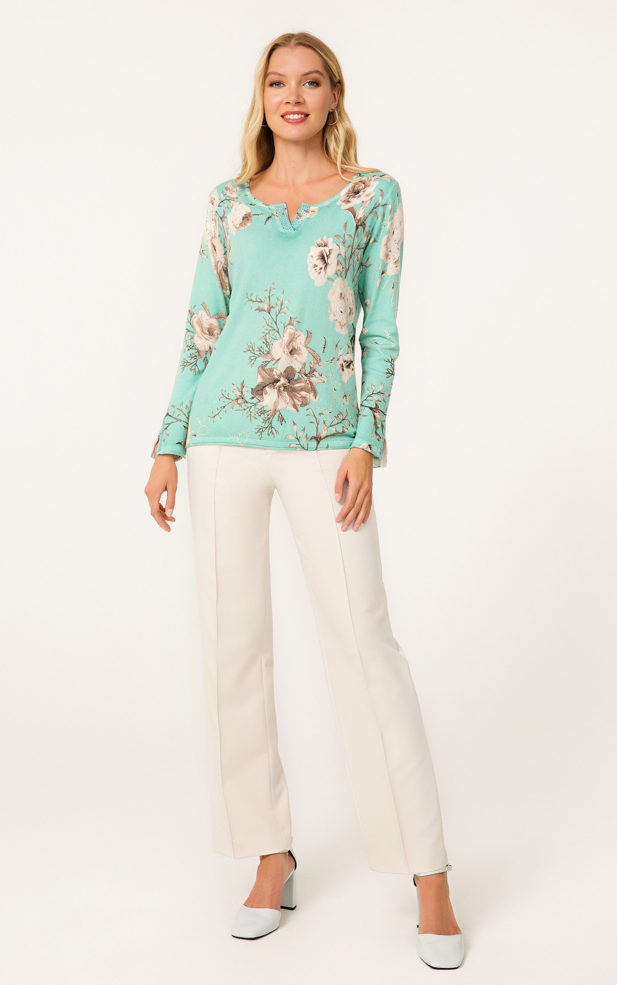 Passioni Strickpullover mit Blumenmuster und Strass Rundhalsausschnitt mit günstig online kaufen