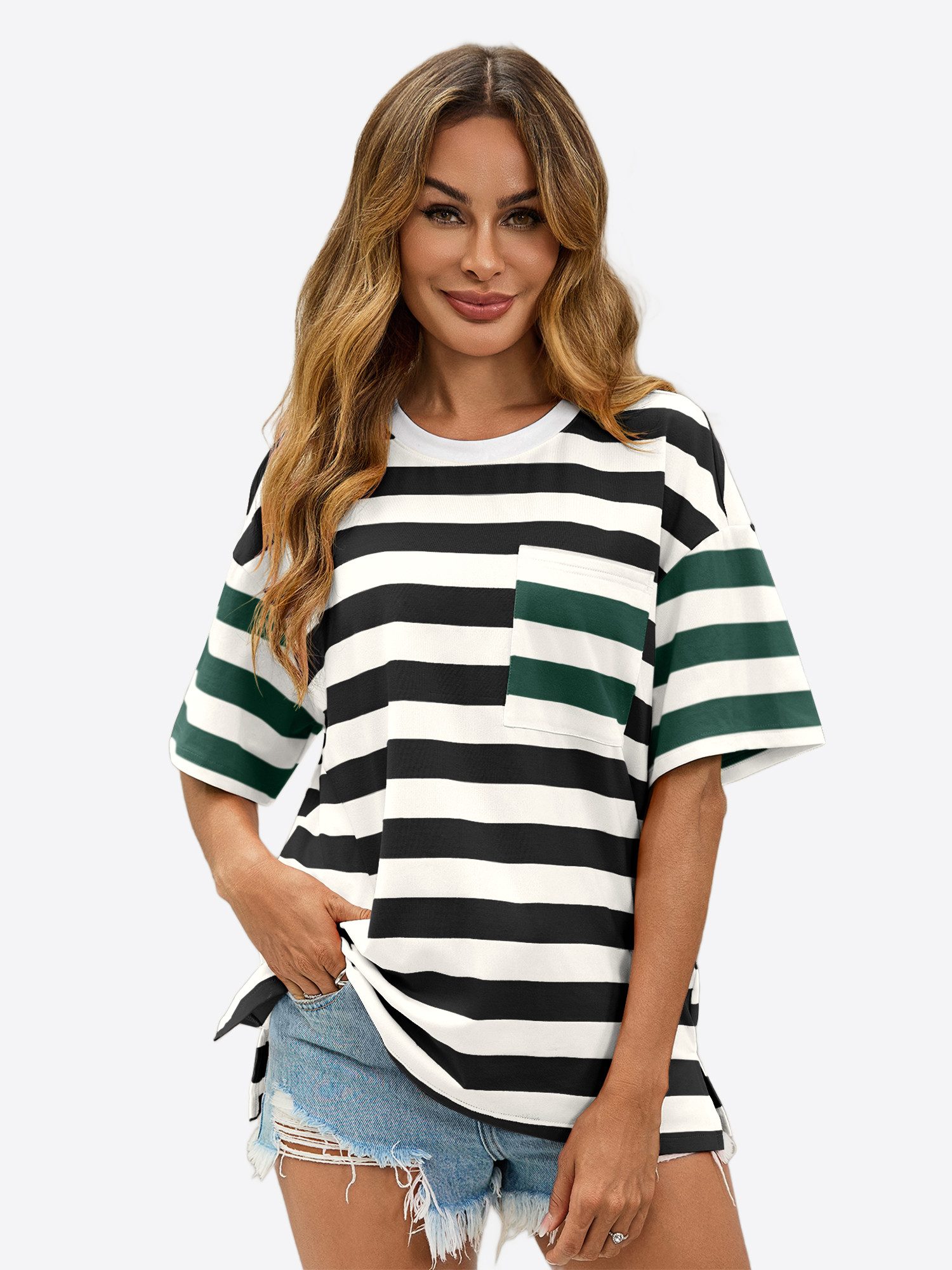 Imily Bela T-Shirt Damen Bluse mit Streifen und Farbblöcken (Packung, 1-tlg., 1per-Pack) Brusttasche