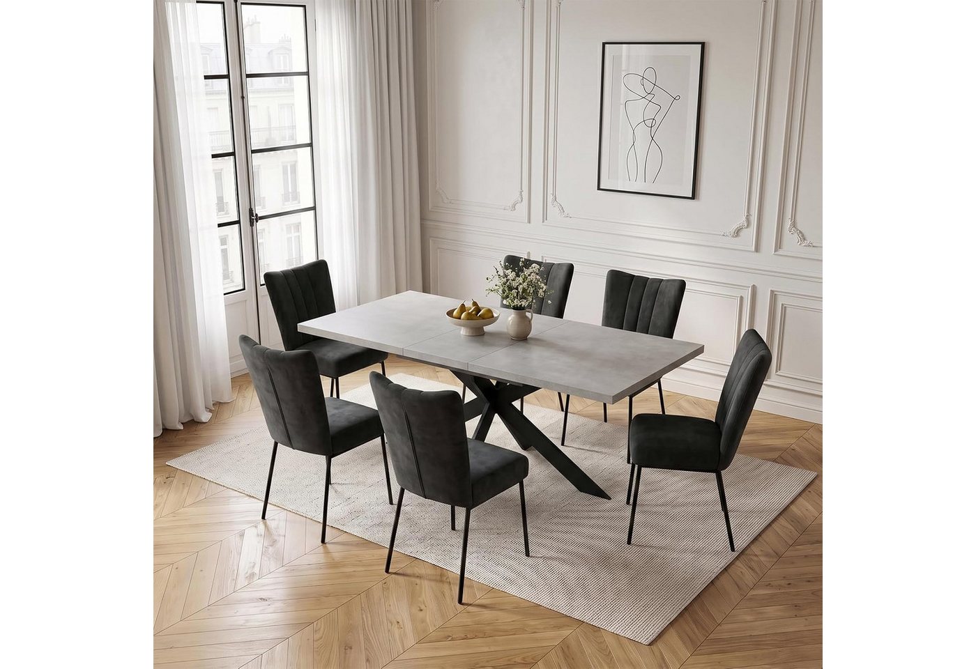 Jiexi Essgruppe Essgruppe: Ausziehtisch 130-170cm, X-Gestell, 4-6 Samtstühle