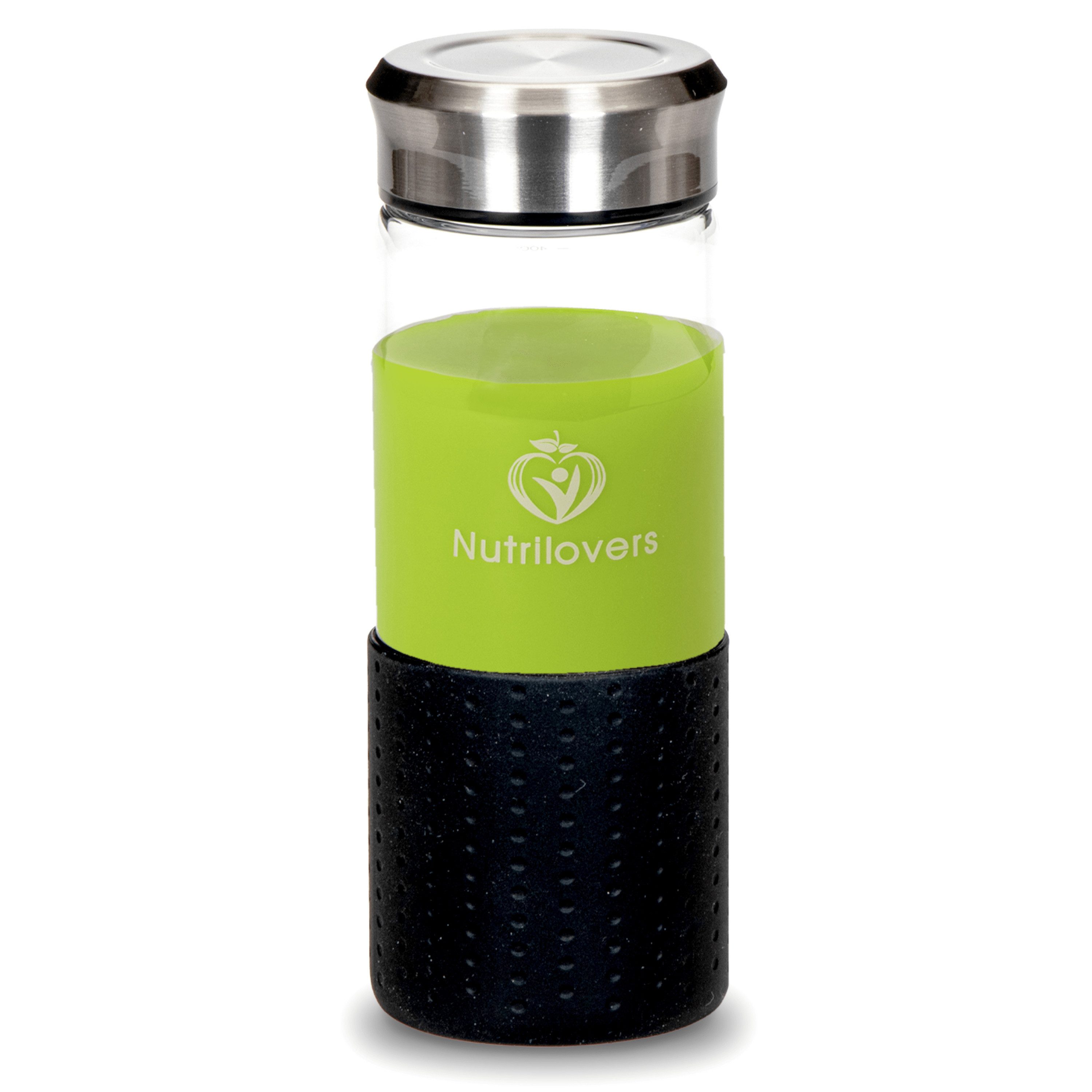 Nutrilovers Trinkflasche Glas Trinkflasche ICE - Robust & Sicher - Für Säfte & Smoothies, Gefrierfeste, BPA-freie Borosilikatglasflasche 450 ml