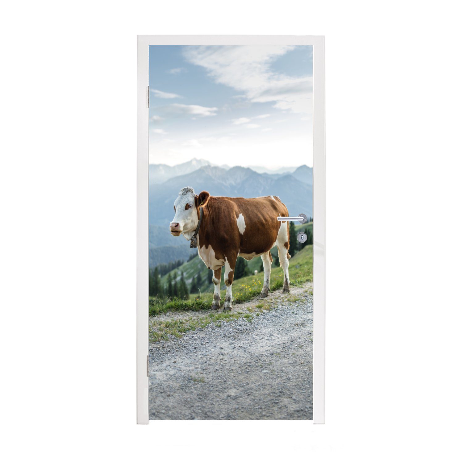 MuchoWow Türtapete Kuh - Glocke - Berg, Matt, bedruckt, (1 St), Fototapete für Tür, Türaufkleber, 75x205 cm