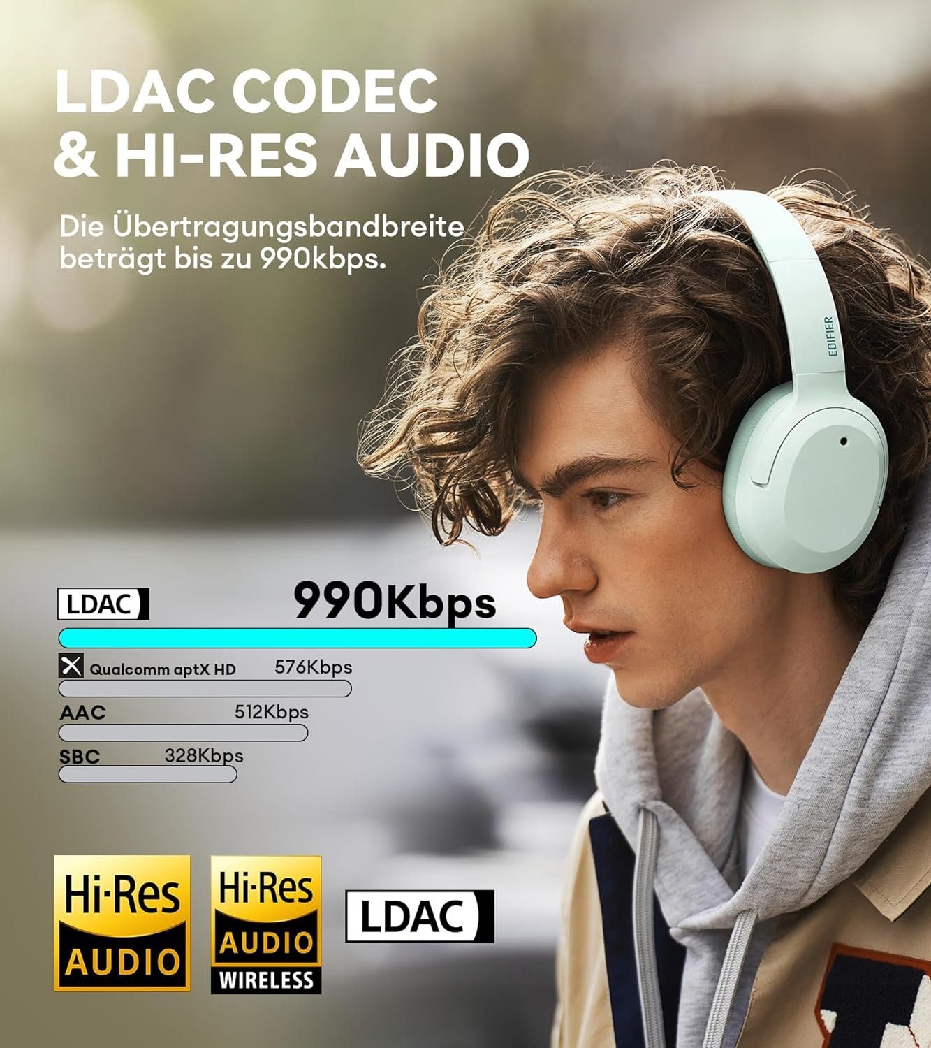 Edifier® Gaming-Headset (Verbesserte W820NB Schnelllade Hi-Res Plus Audio LDAC Kopfhörer, Wireless Spielzeit) 49 Wired & Bluetooth, Stunden