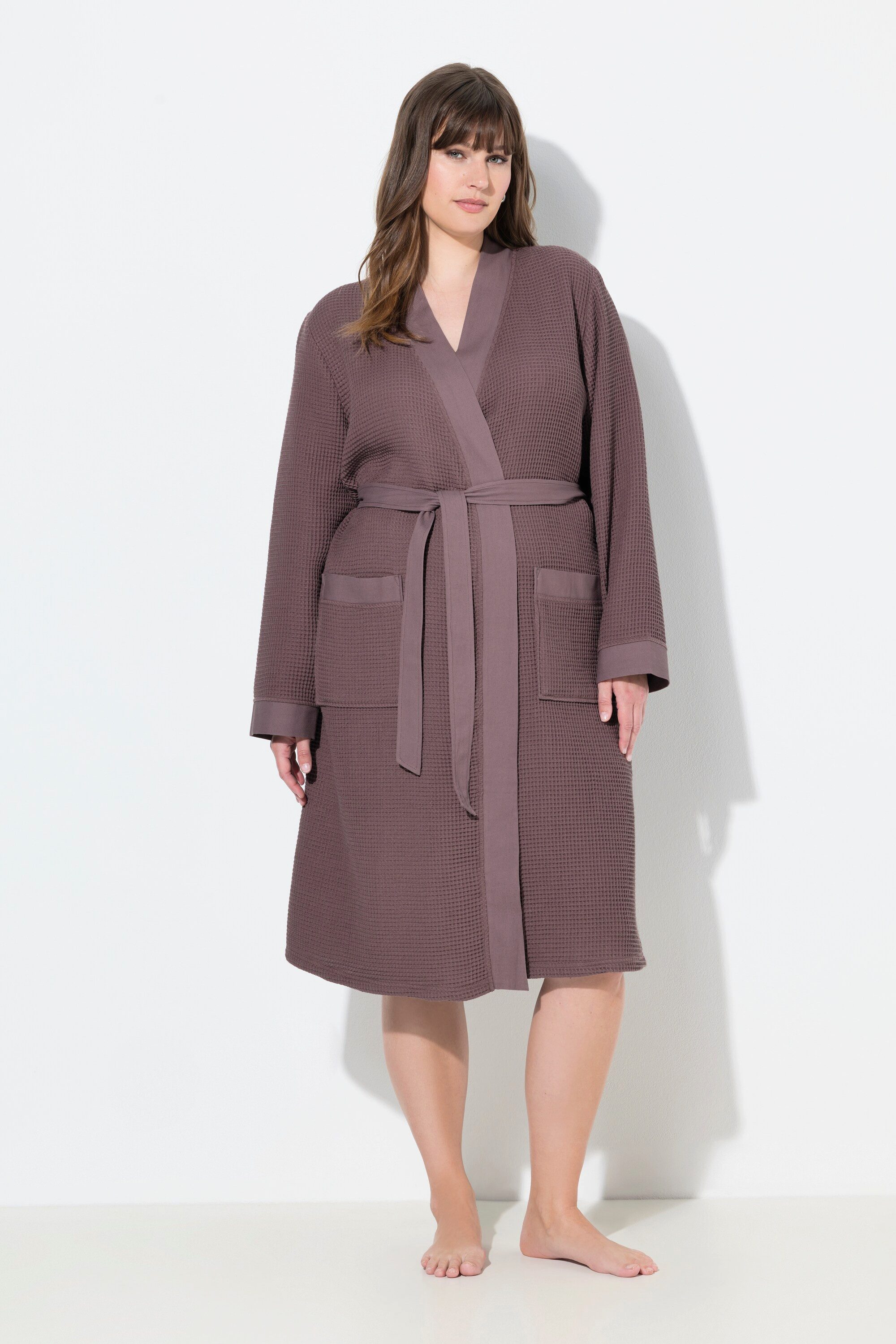 Ulla Popken Bademantel Bademantel Schalkragen Gürtel Waffelpiqué Langarm, L günstig online kaufen