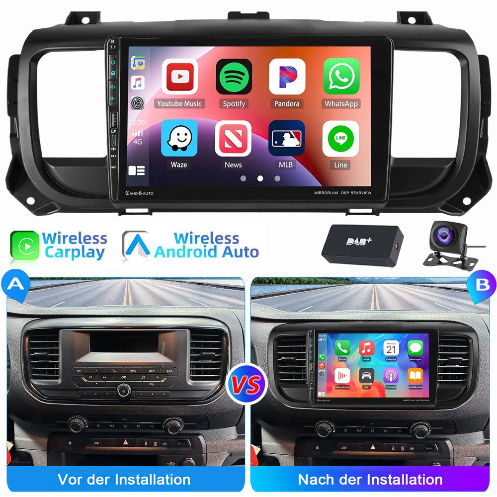 ESSGOO Für Toyota Proace Citroën Jumpy Peugeot Expert Type-C GPS BT Autoradio (Digitalradio (DAB), RDS, FM, AM, Carplay Android Auto GPS Navi WIFI BT)