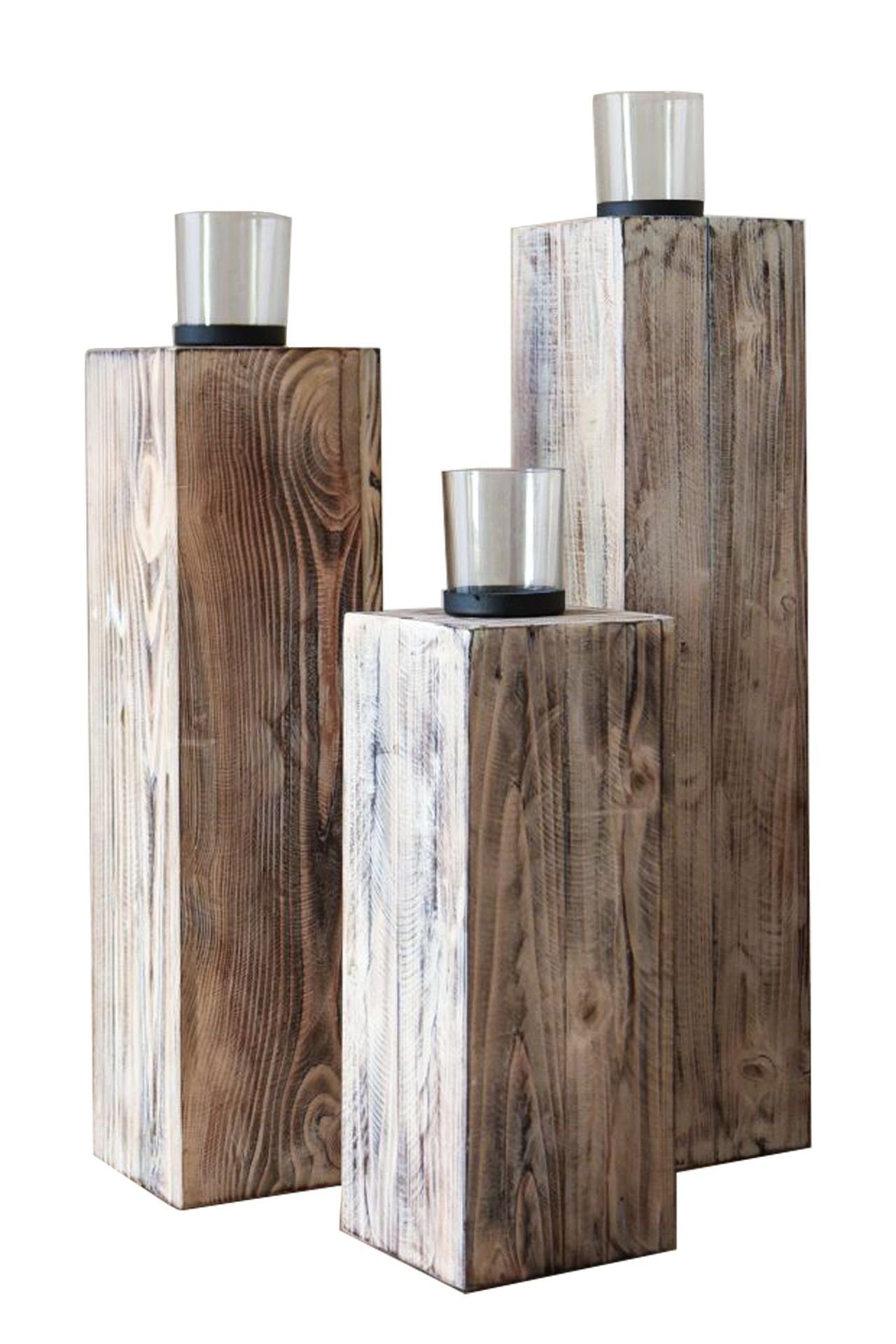 Windlicht "Lumira", 3er Kerzenhalter Recycling Holz Bodenwindlicht Shabby Säule VIVANNO Set