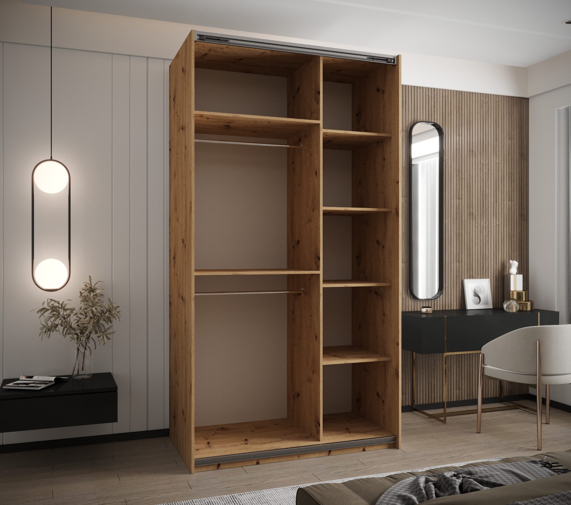 ABIKS MÖBEL Schwebetürenschrank LUX 4 hoher Schlafzimmerschrank - mit Spiegel, Kleiderstange, Regalen