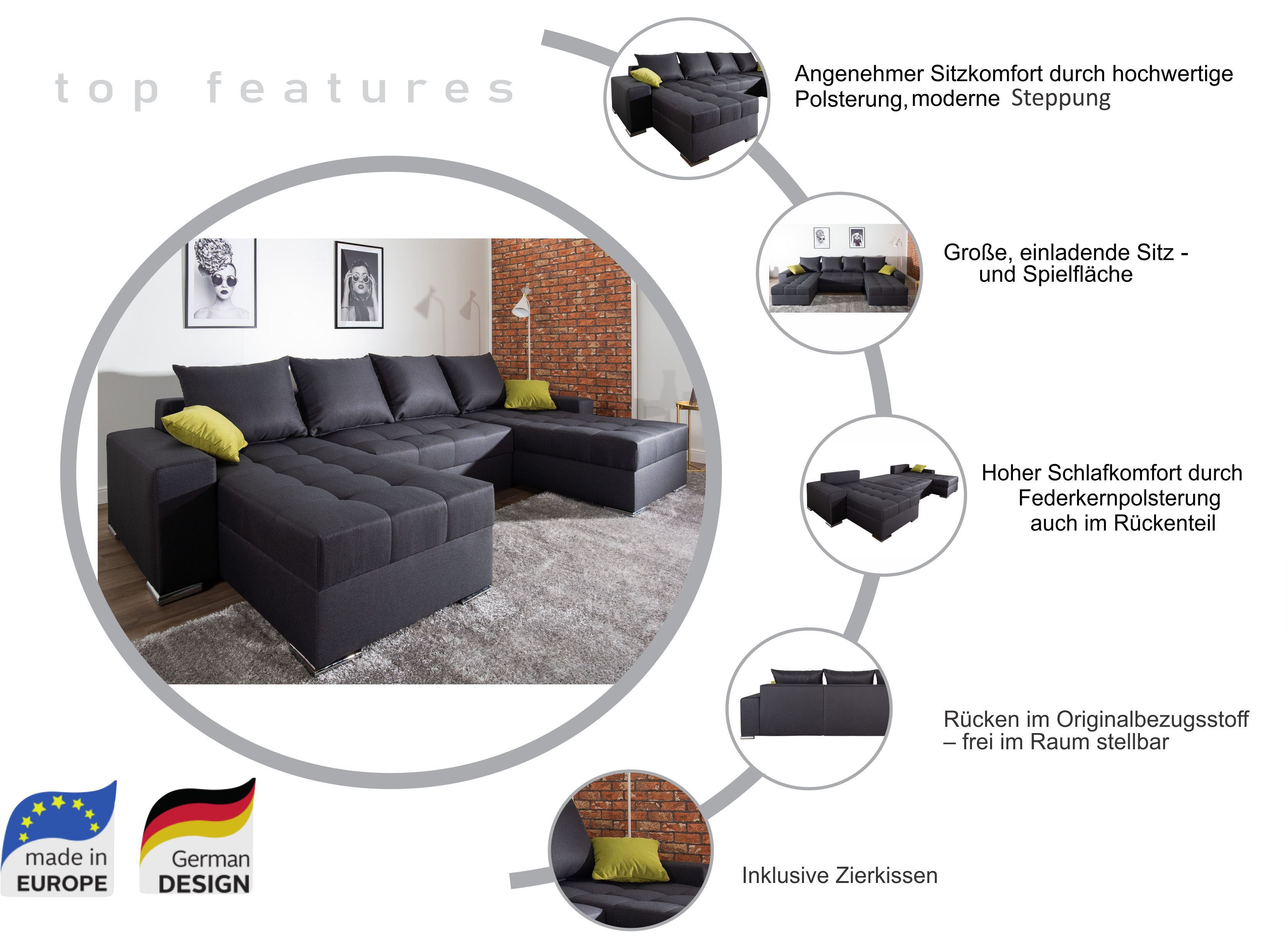 COLLECTION AB Wohnlandschaft Josy XL U-Form, Breite: 313 cm, Bettfunktion, Bettkasten & 2 Zierkissen, Federkern