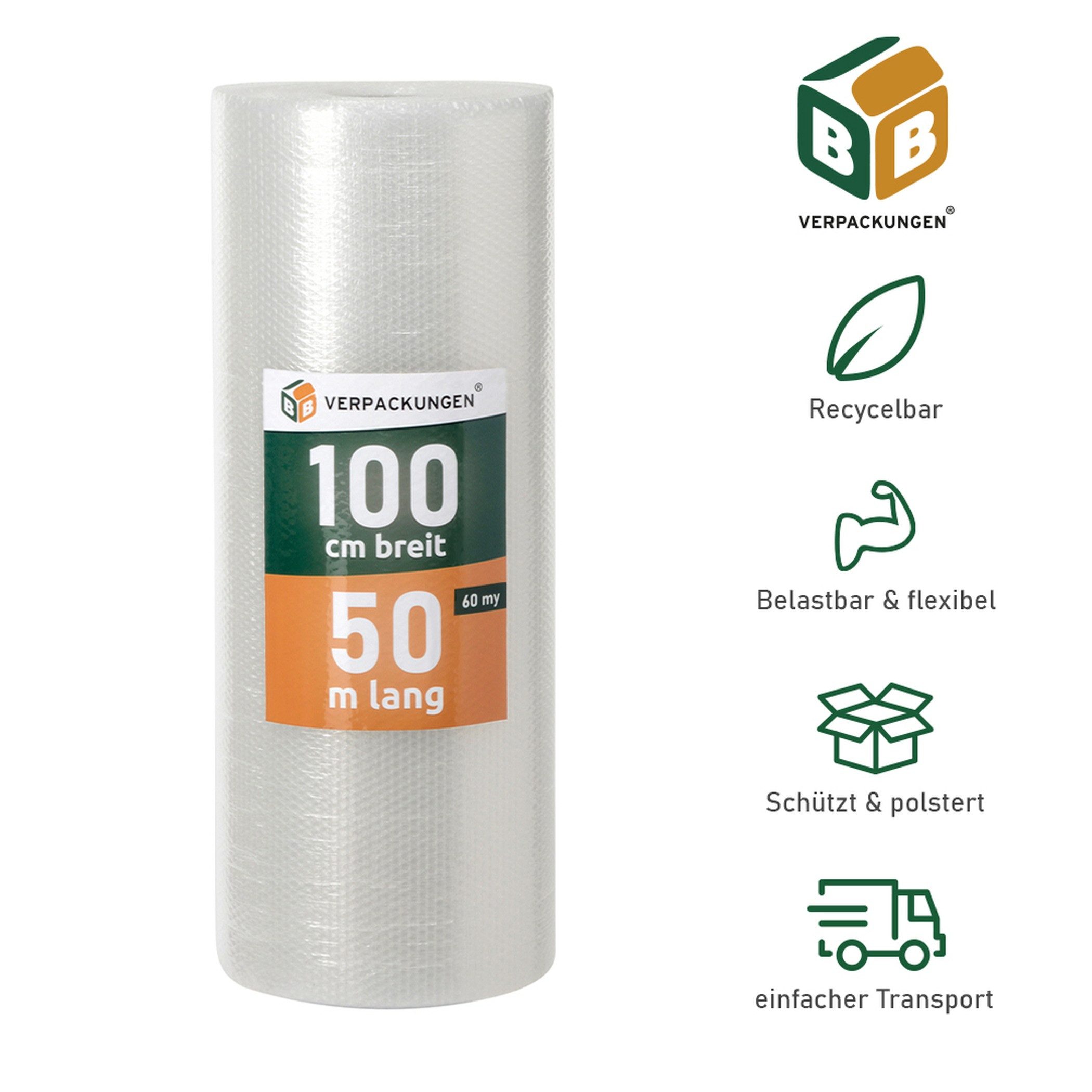BB-Verpackungen Schutzfolie Luftpolsterfolie (1,0 x 50 m) 2-lagig 60 my, (1-St), 2-lagig, 1,0 x 50 m, 60 my
