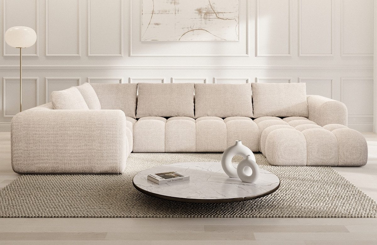 Sofa Dreams Wohnlandschaft Casaluna U Form Design Stoff Couch, 6-Sitzer, Polsterecke, Ottomane rechts, Strukturstoff Beige