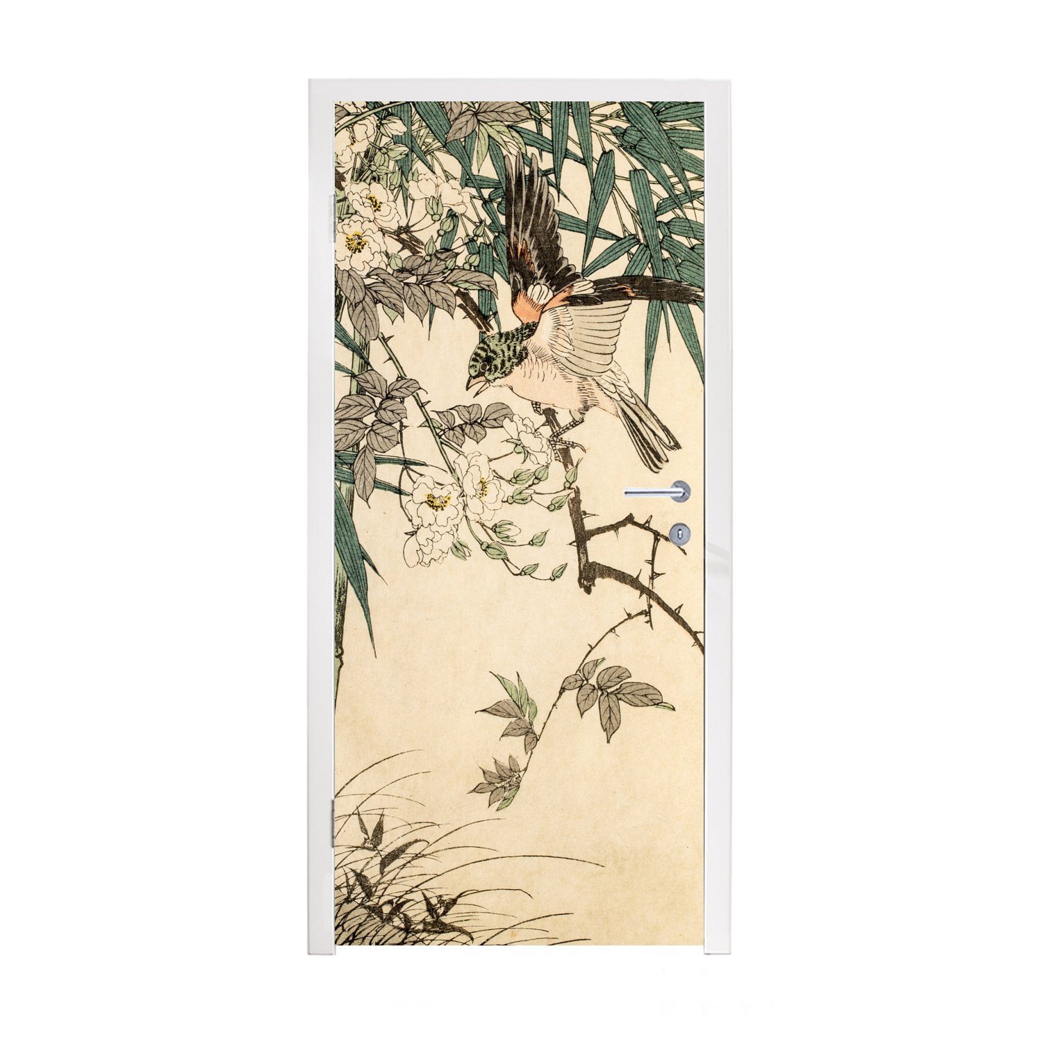 cm Tür, Türtapete für (1 im Matt, Türaufkleber, MuchoWow Bambus, bedruckt, Vogel Fototapete St), 75x205 Roter