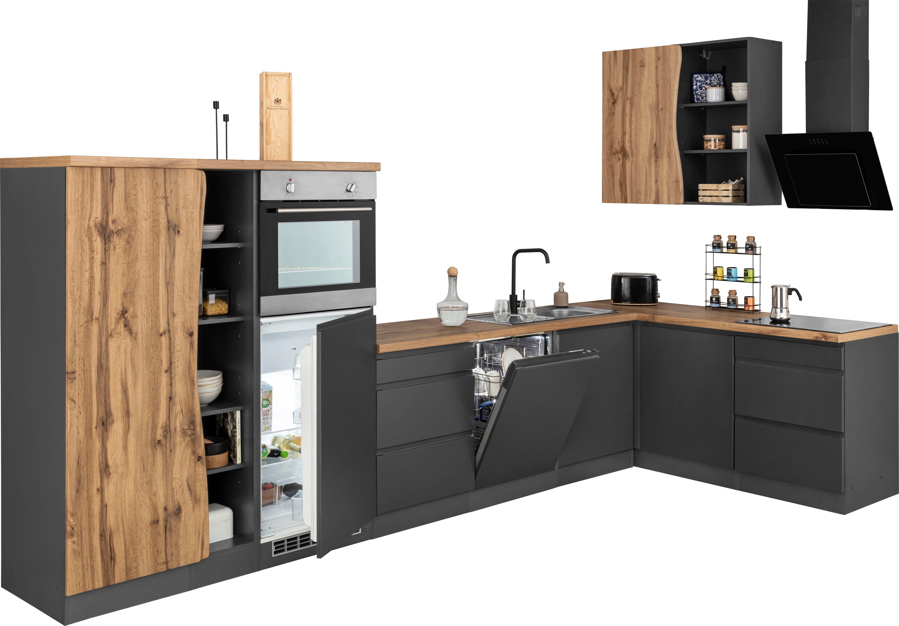 KOCHSTATION Winkelküche KS-Bruneck, Stellbreite 380/180 cm breit, ohne E-Geräten, MDF Fronten