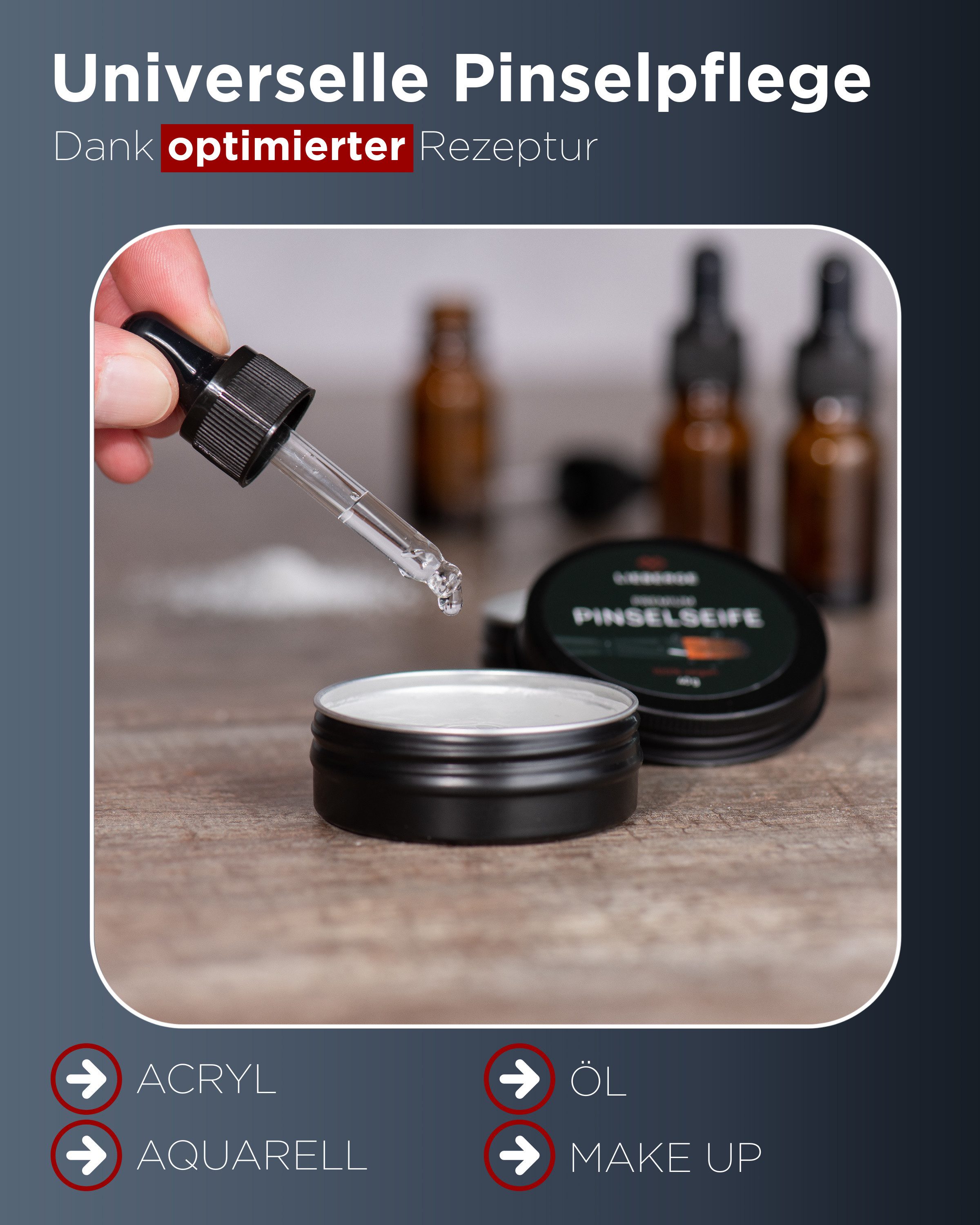 LIEBERGE Premium, 40g + hochwertige Pinsel Reinigungsmatte Pinselseife (Reinigungsset, [- 40g Gründliche Farbentfernung, Natur- & Synthetikpinsel)