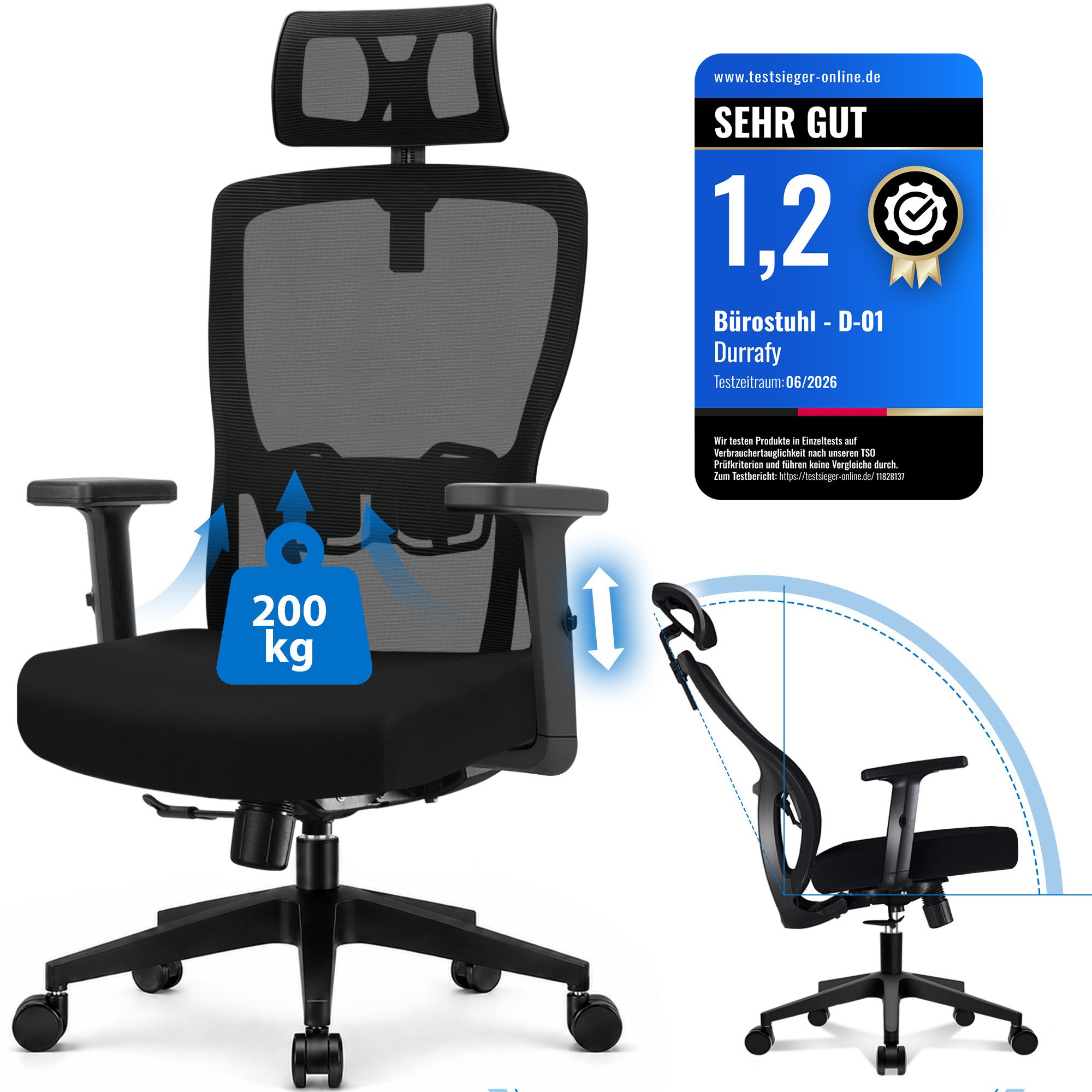Durrafy Bürostuhl Ergonomischer Bürostuhl 200 kg mit Kopfstütze & Lordosenstütze (Schreibtischstuhl), atmungsaktiver Netzrücken, 130° Wippfunktion, verstellbare Armlehnen
