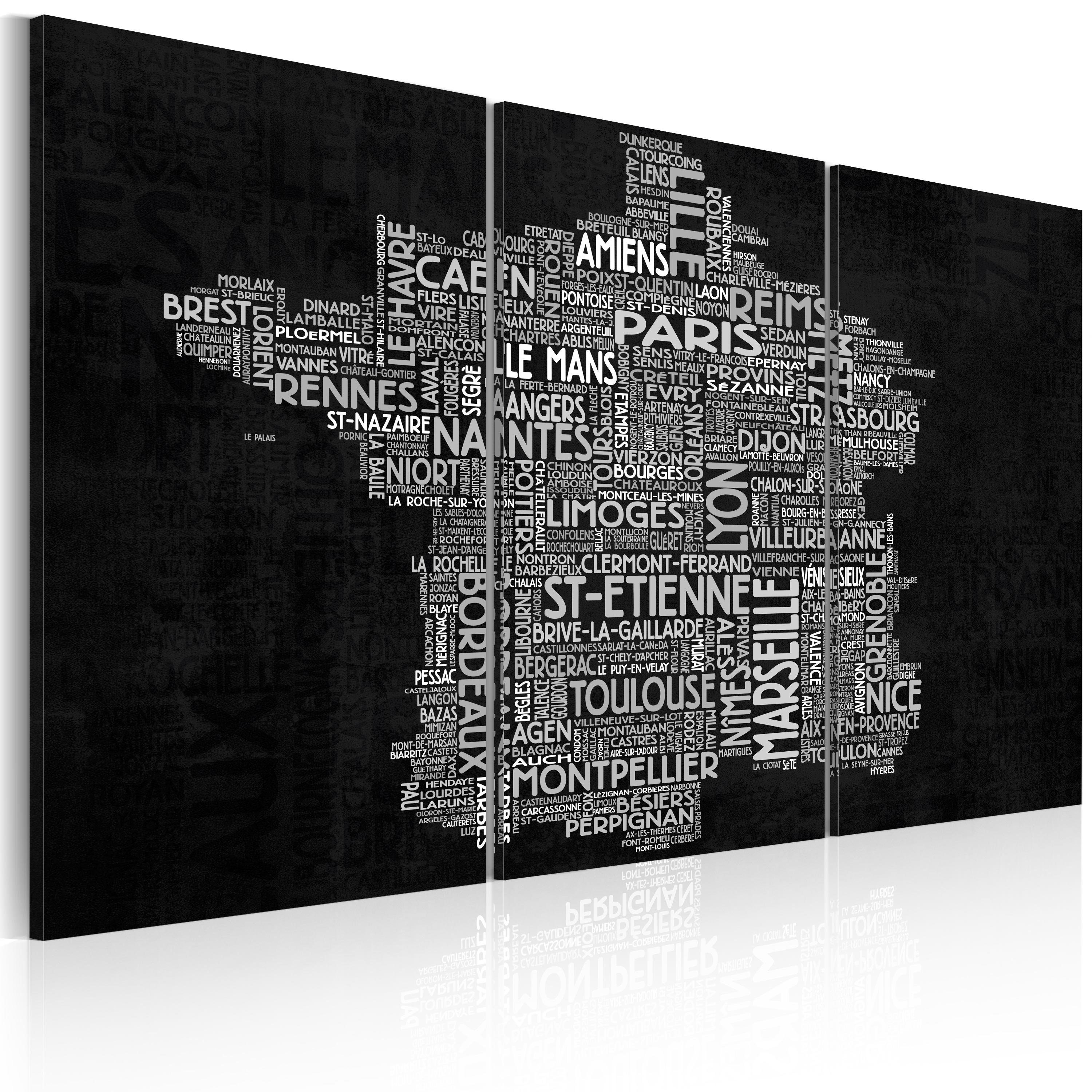 Artgeist Wandbild Text map of France on the black background - triptych