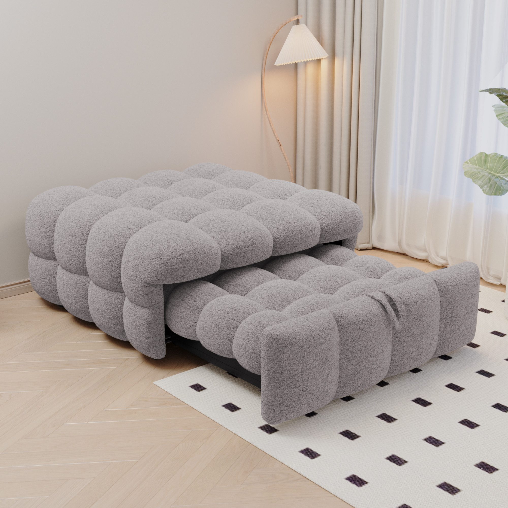 KLAM HOME Schlafsofa Polsterbett, Einzelbett, Puffy-Bett, 2-in-1-FußhockerTeddy-Stoff, Grau, Polsterbett Daybett Tagesbett für Wohnzimmer,Schlafzimmer(Ohne Kissen)